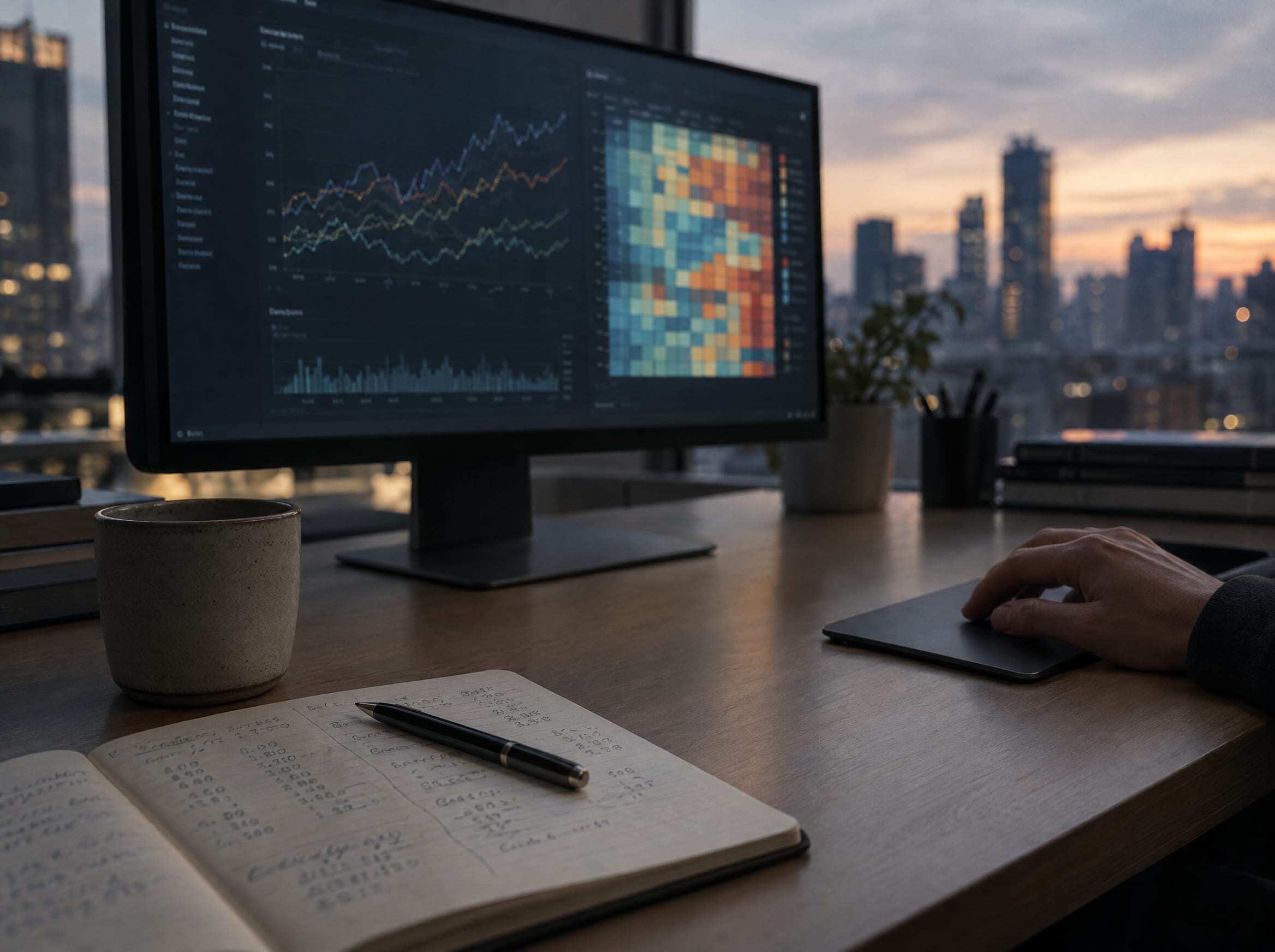 An analyst's desk at dusk: a monitor with a line chart and a heatmap, a notebook of handwritten figures, the city behind the window