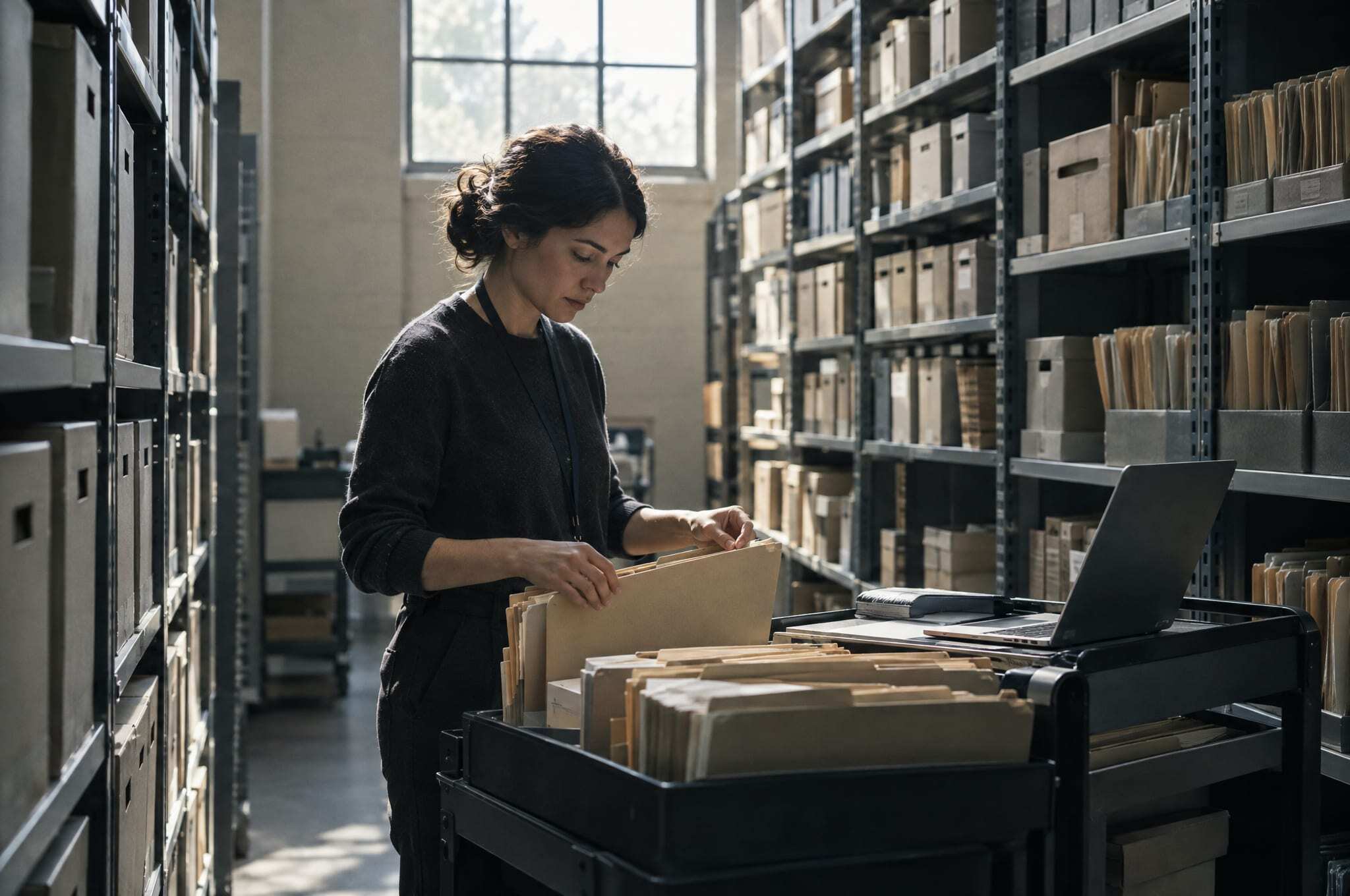 Hands sorting folders of physical records in an archive room