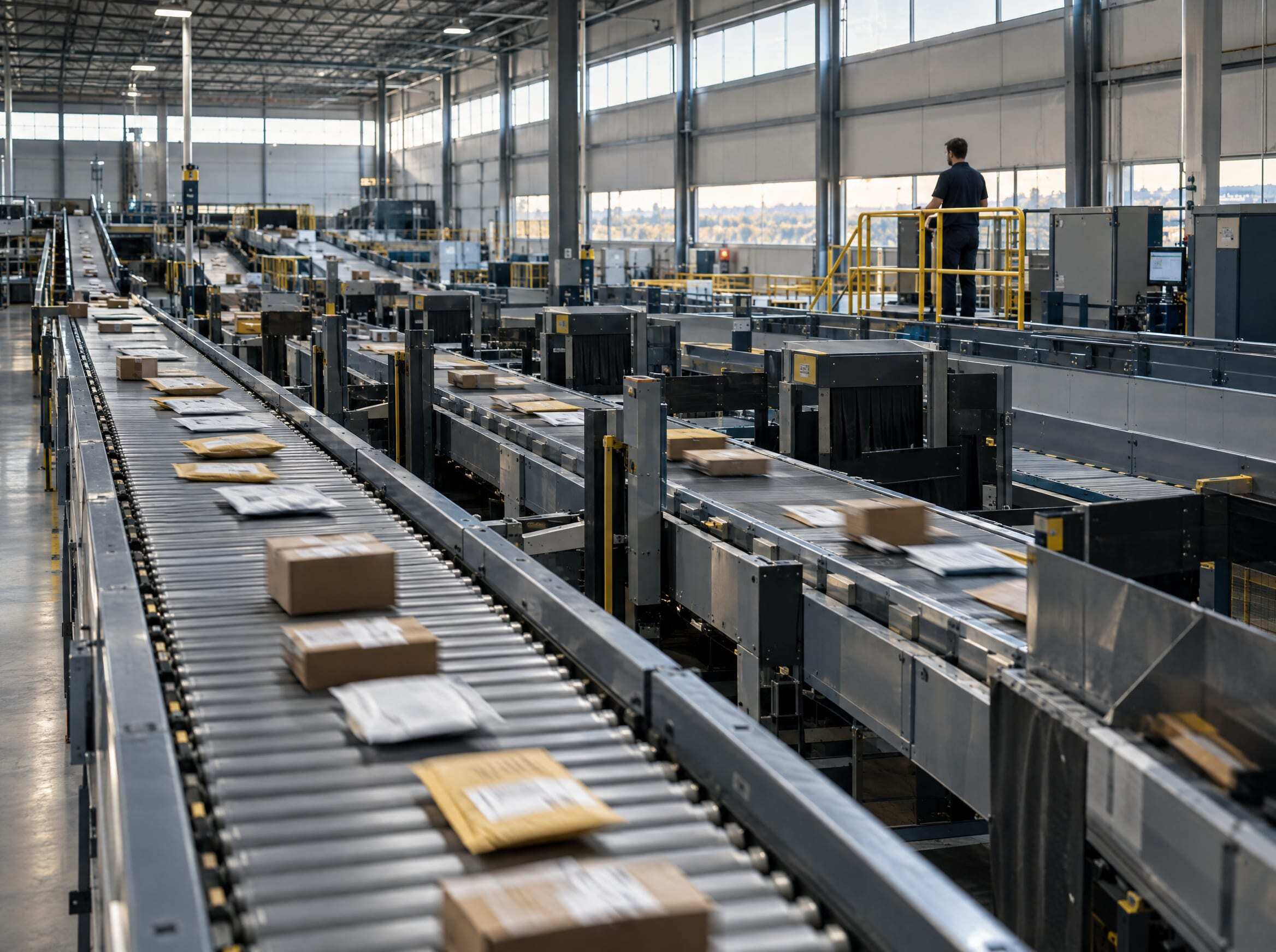 Conveyor lines carrying parcels through automated sorting gates in a large sorting center