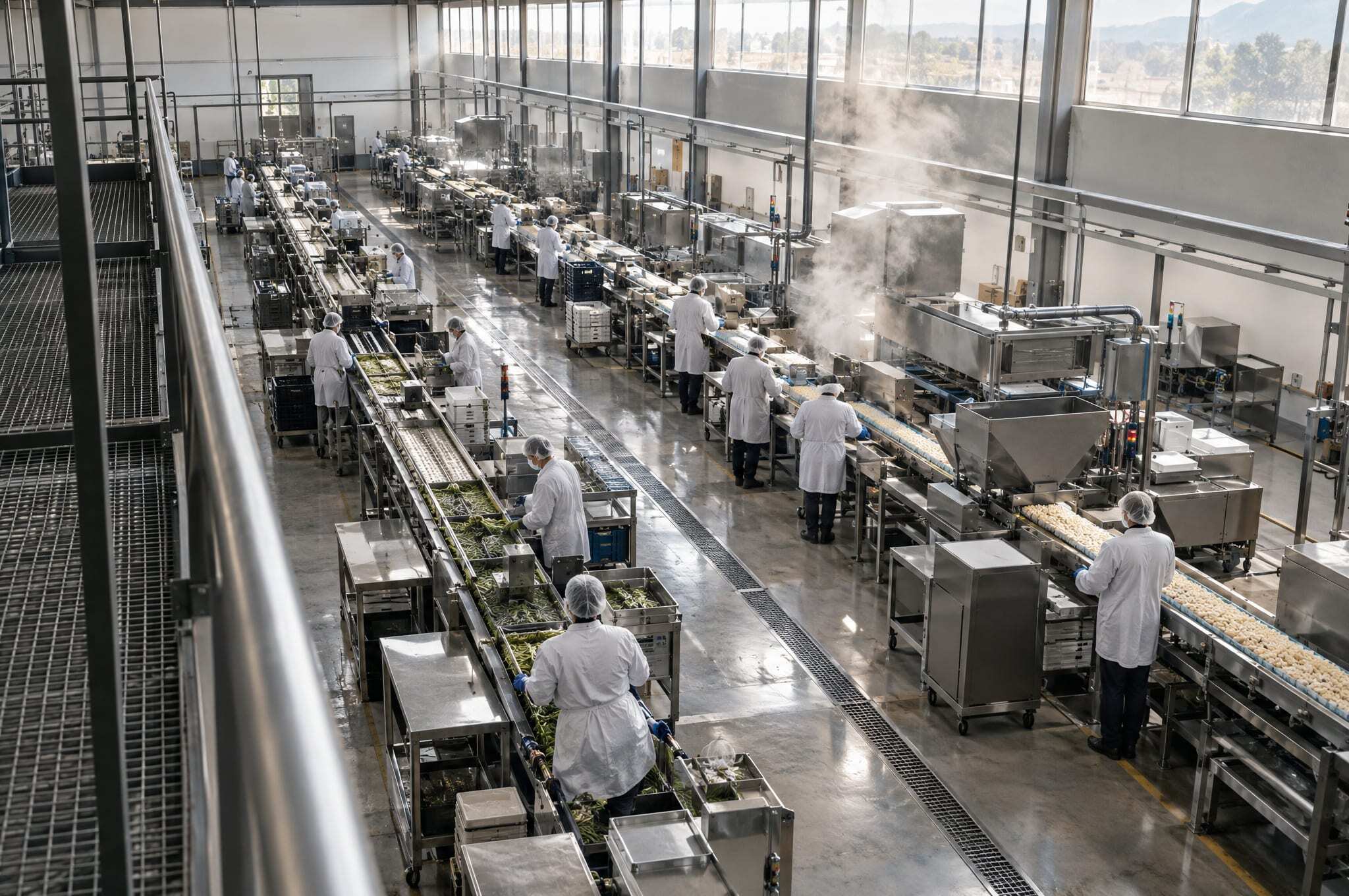 A food processing plant seen from a catwalk: long stainless lines and workers in white coats