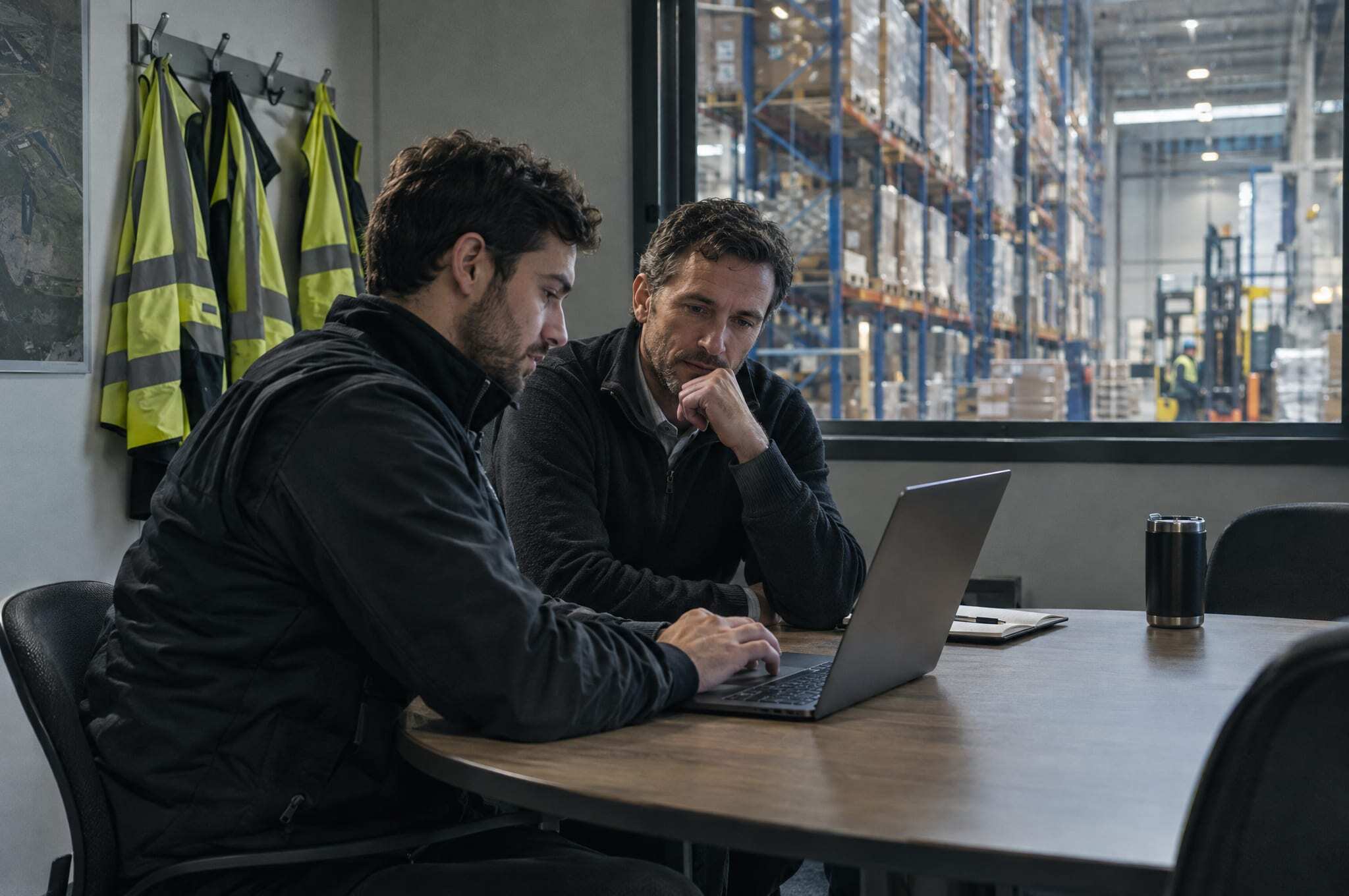 A forward deployed engineer at a laptop with the operations manager in a warehouse office