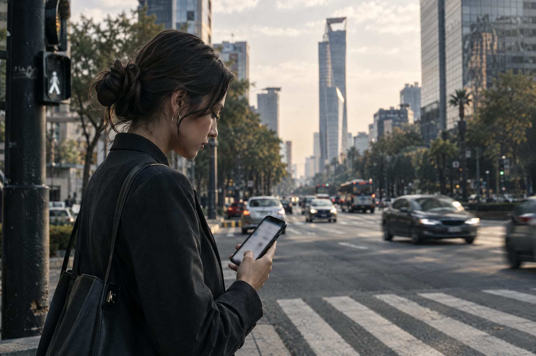 A woman checking her banking app at a crosswalk on Reforma in Mexico City
