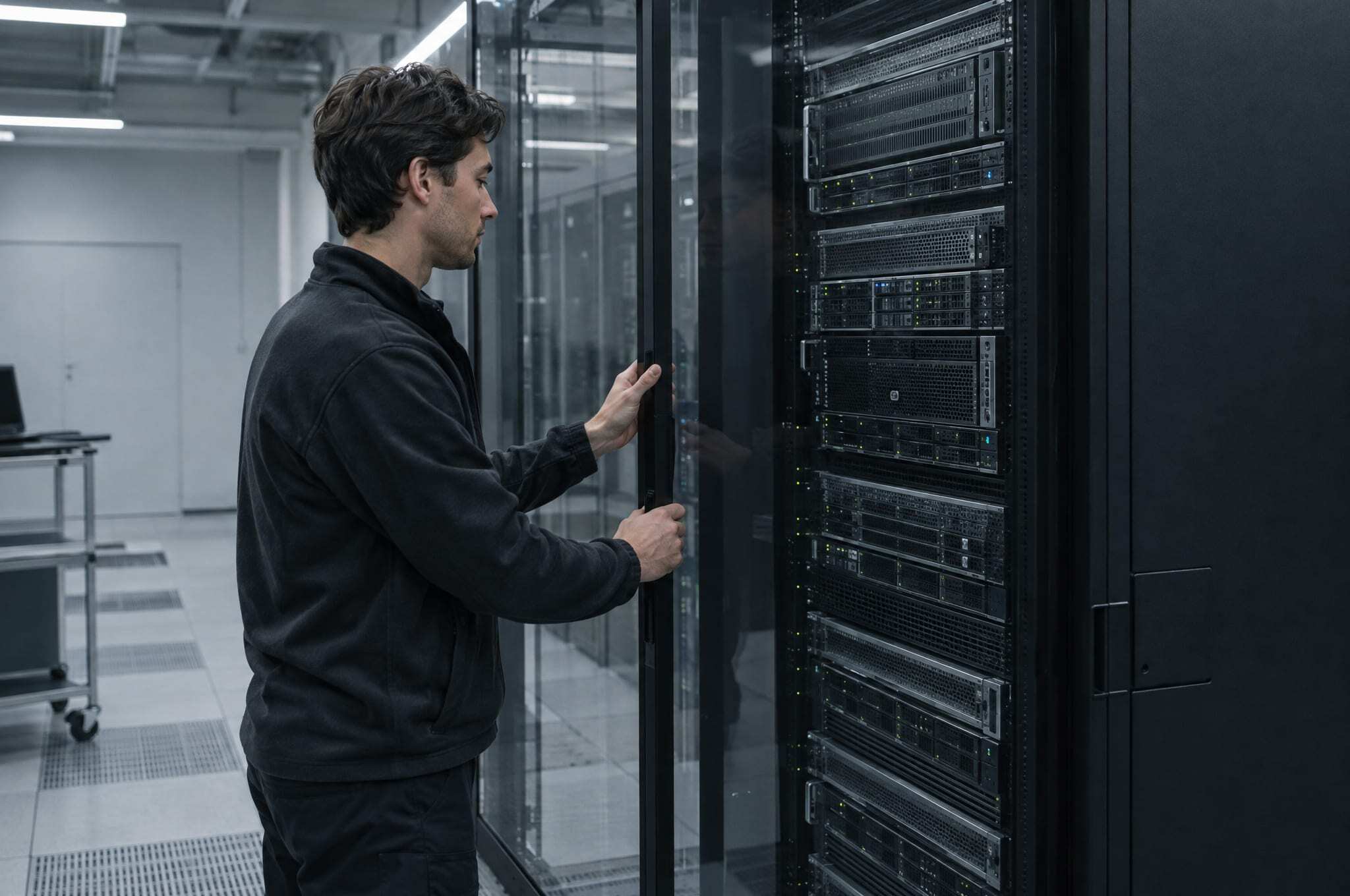 A technician closing a GPU server cabinet in a client's data room