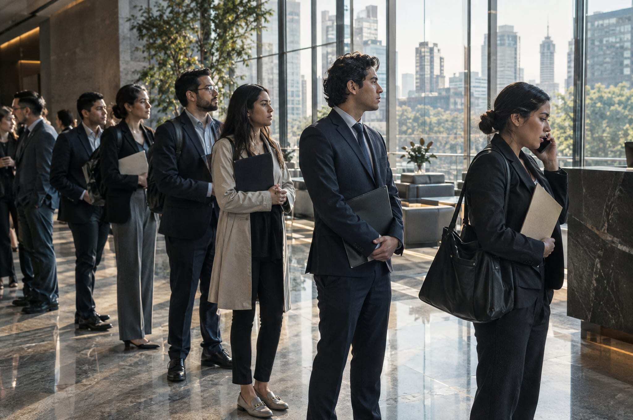 Candidates with folders waiting in a corporate lobby on a mass hiring day