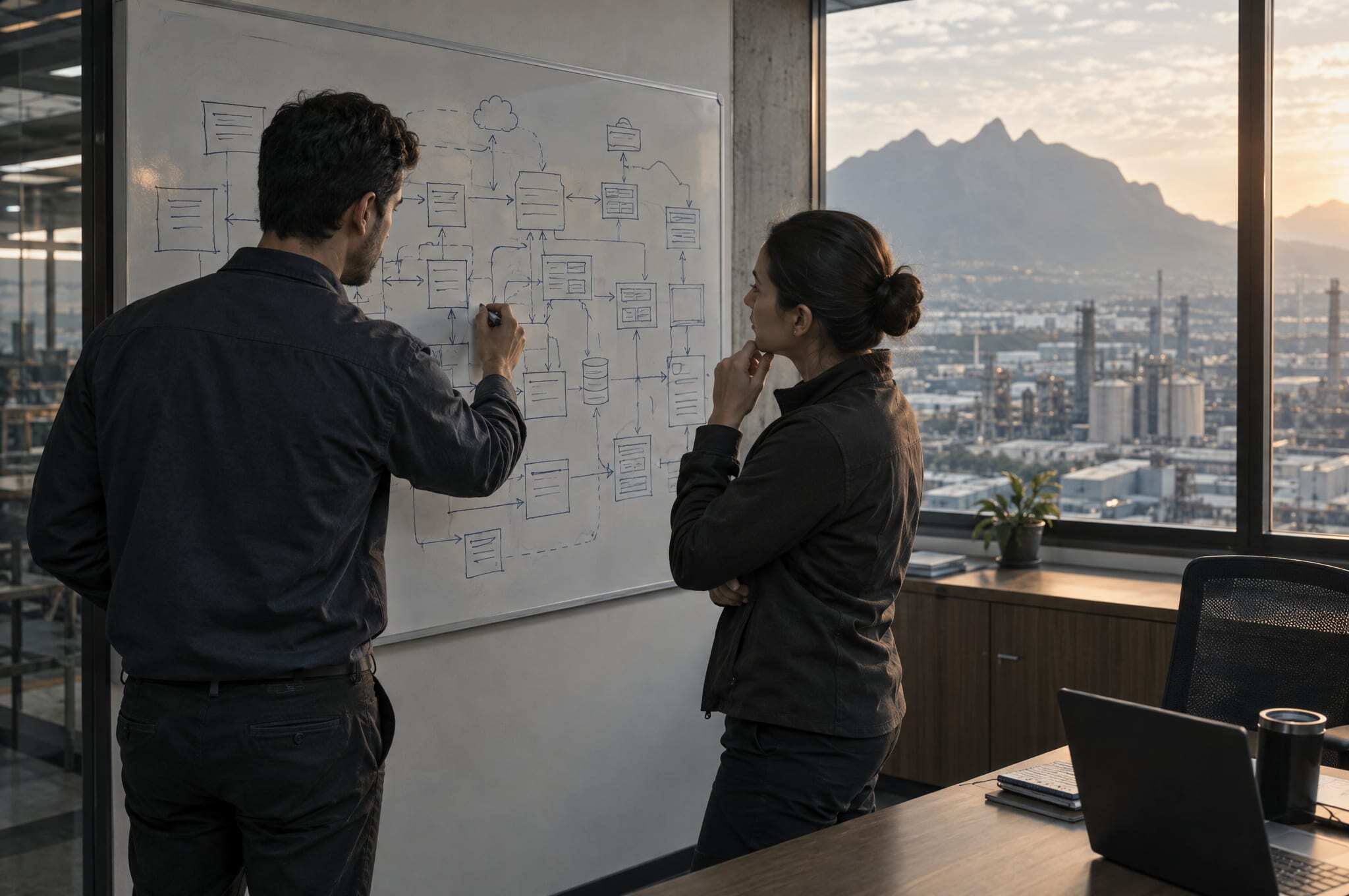 An engineer tracing a hand-drawn integration map on a whiteboard in a Monterrey plant office