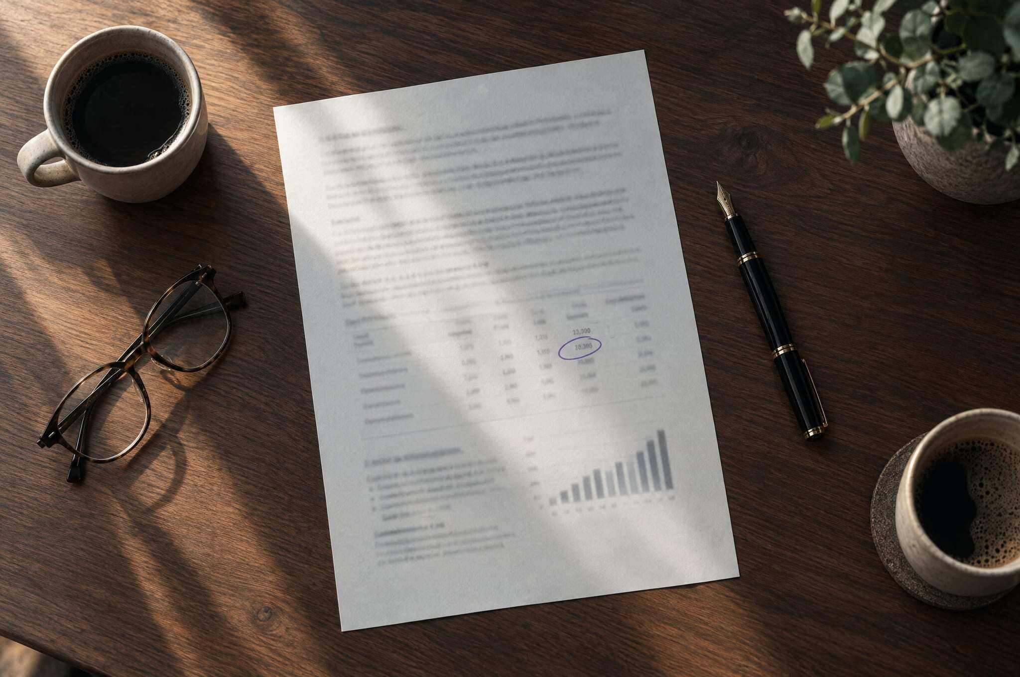A one-page agreement with one figure circled in violet ink on a walnut desk