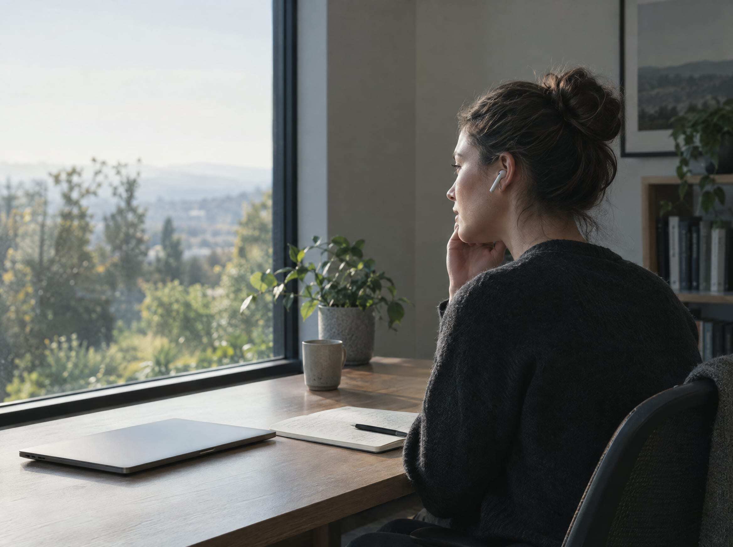 A woman takes a call through earbuds at a desk by a large window