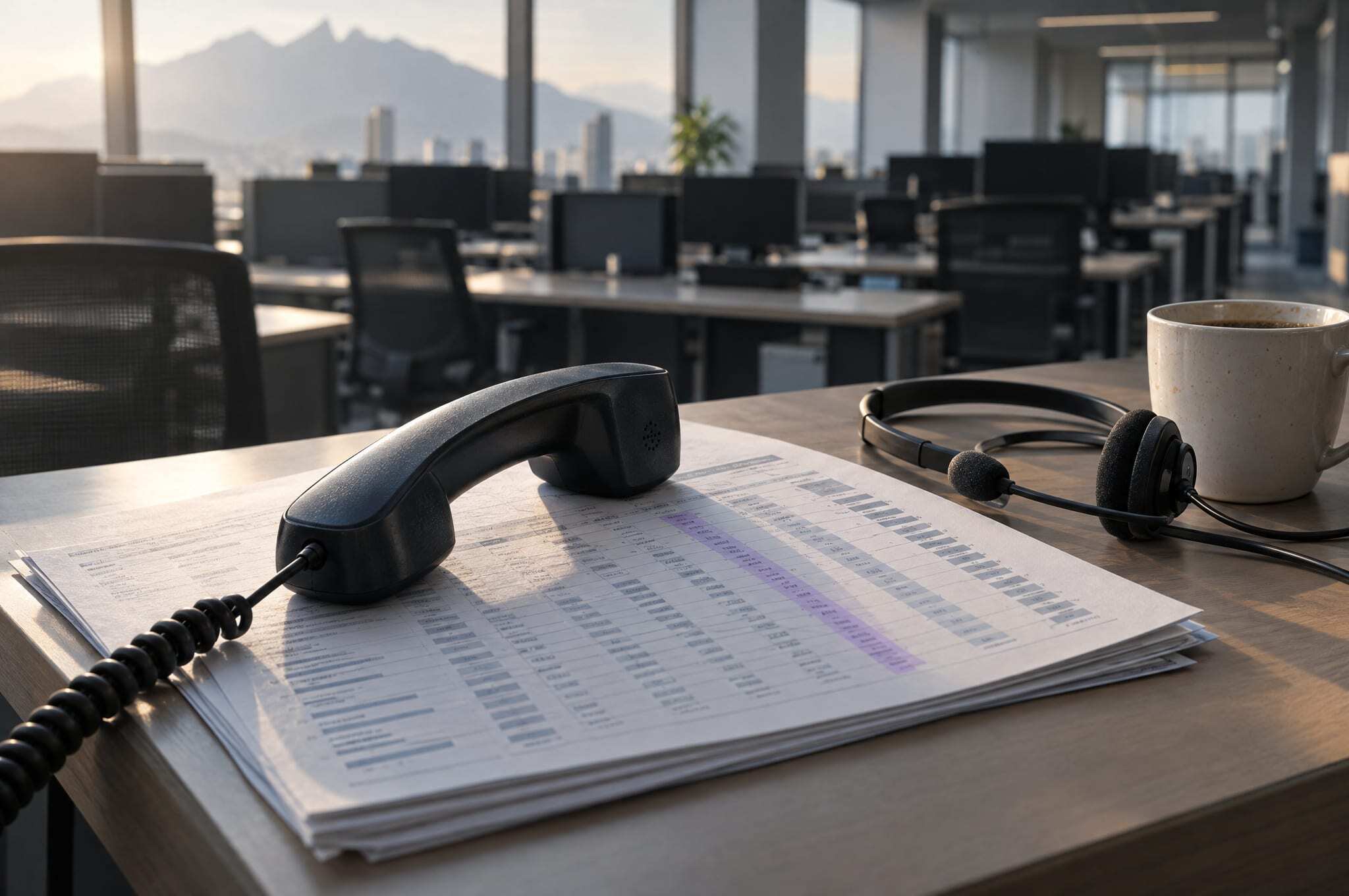 A telephone handset resting on printed telephony billing reports, one column highlighted, in an empty contact center in Monterrey at dawn
