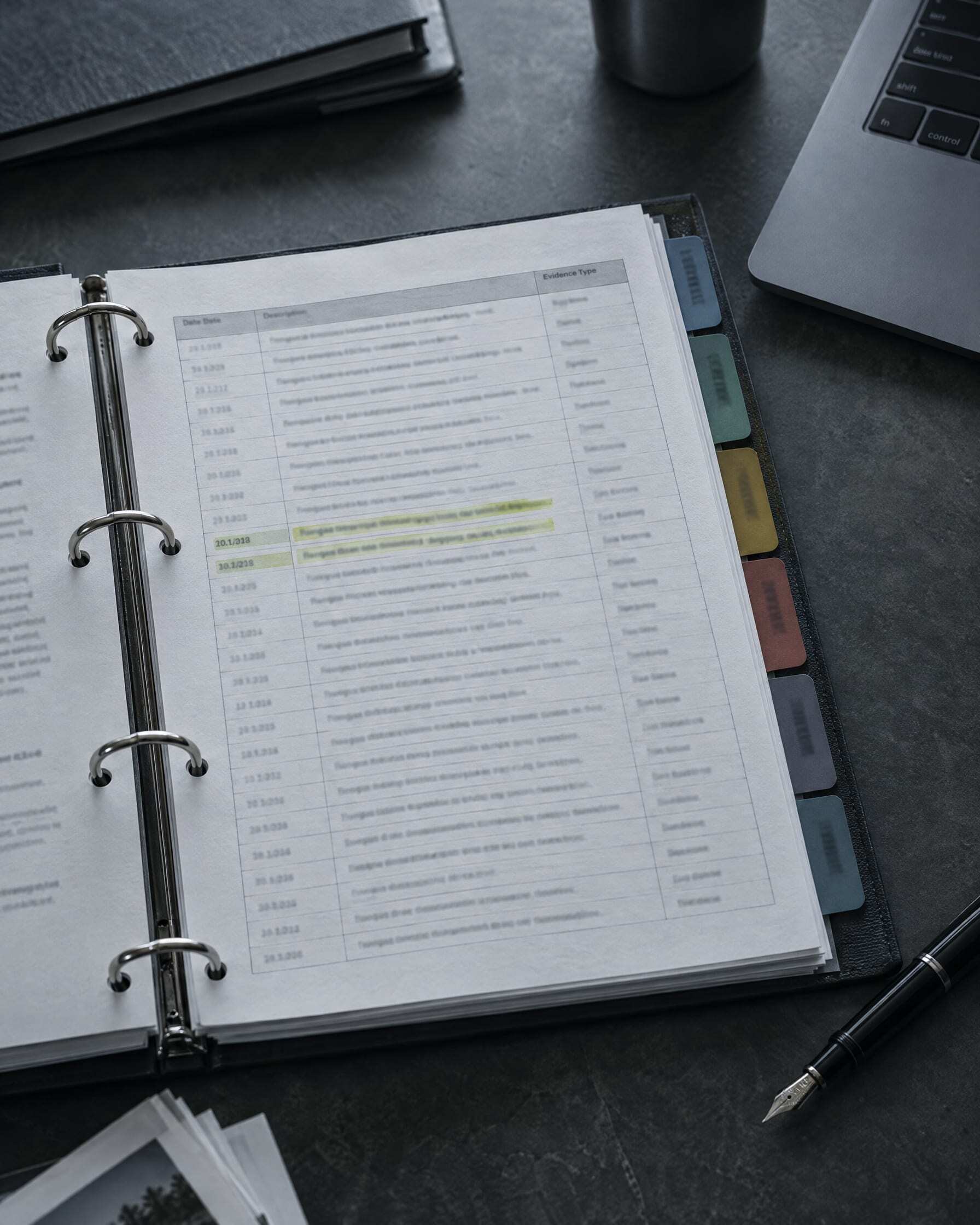 An open binder of audit evidence with two highlighted log lines and a fountain pen