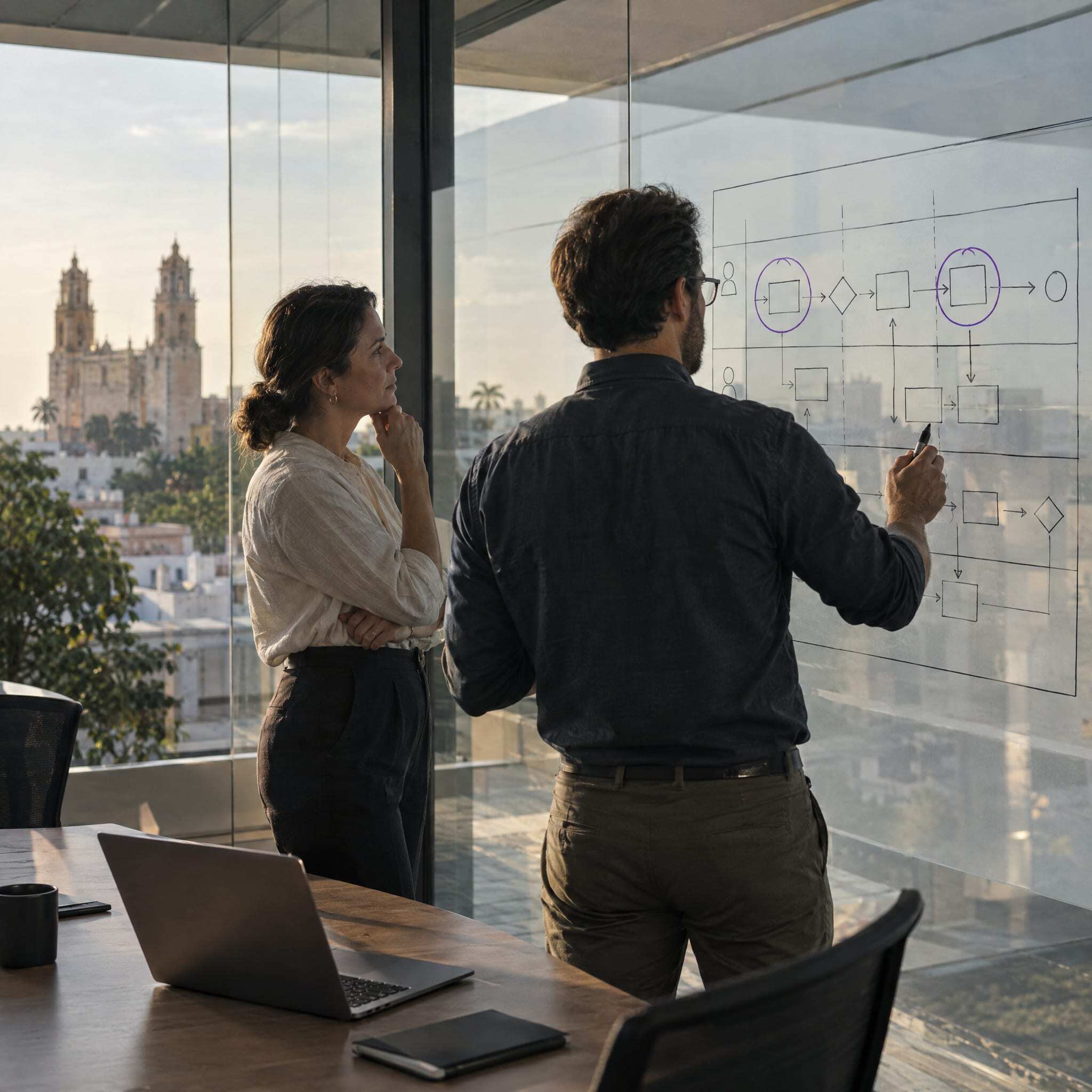 An engineer drawing a process as swimlanes on a glass wall with a client operations manager in Mérida