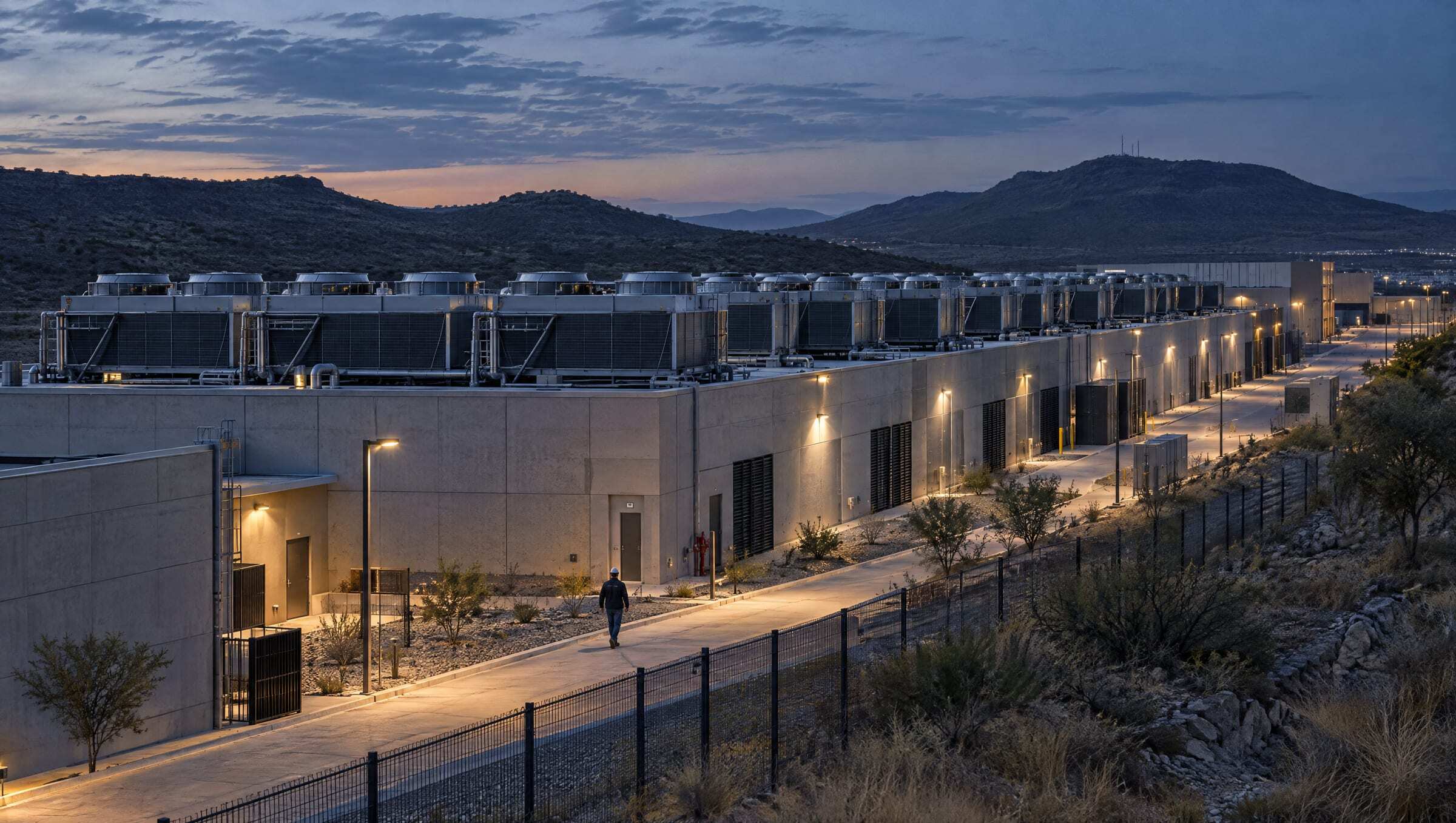 Un campus de centros de datos en Querétaro a la hora azul, con un técnico caminando por un sendero iluminado