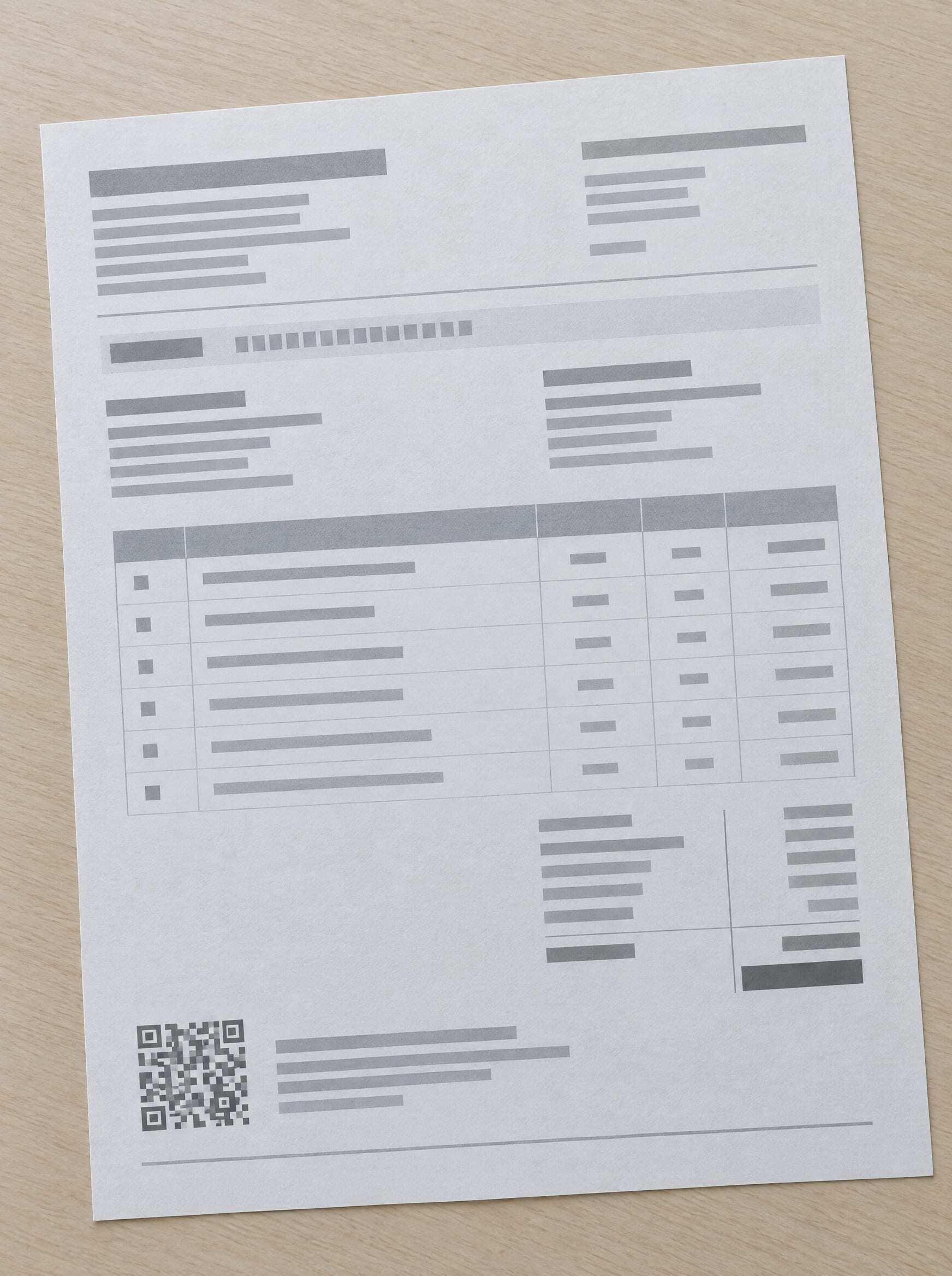 A printed supplier invoice lying flat on a desk, with its fields, line items and tax QR code