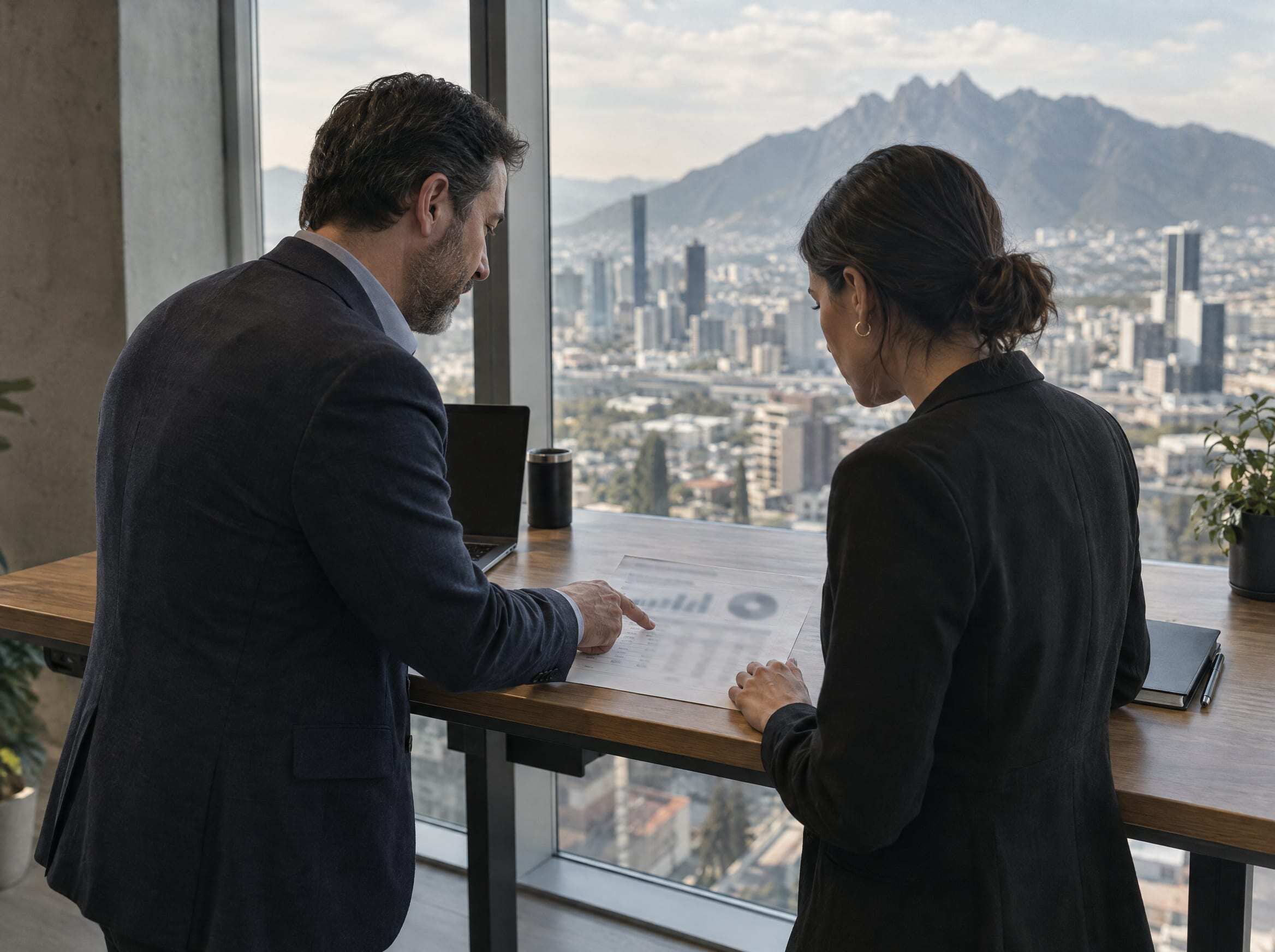 A finance director and a project lead reviewing a one-page pilot report by a window in Monterrey