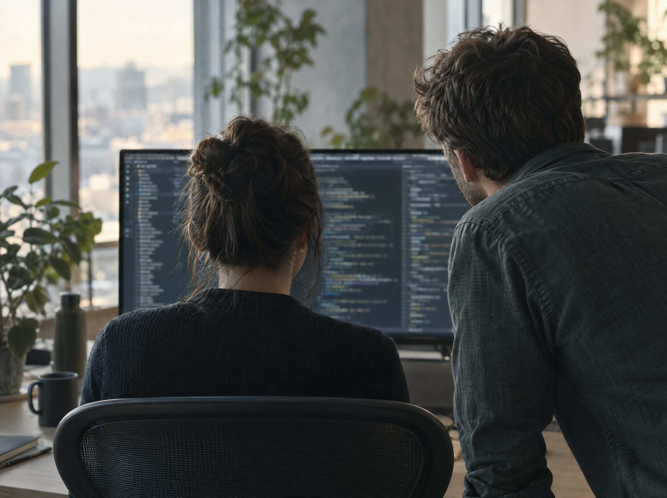 Two engineers seen from behind at a large monitor with code