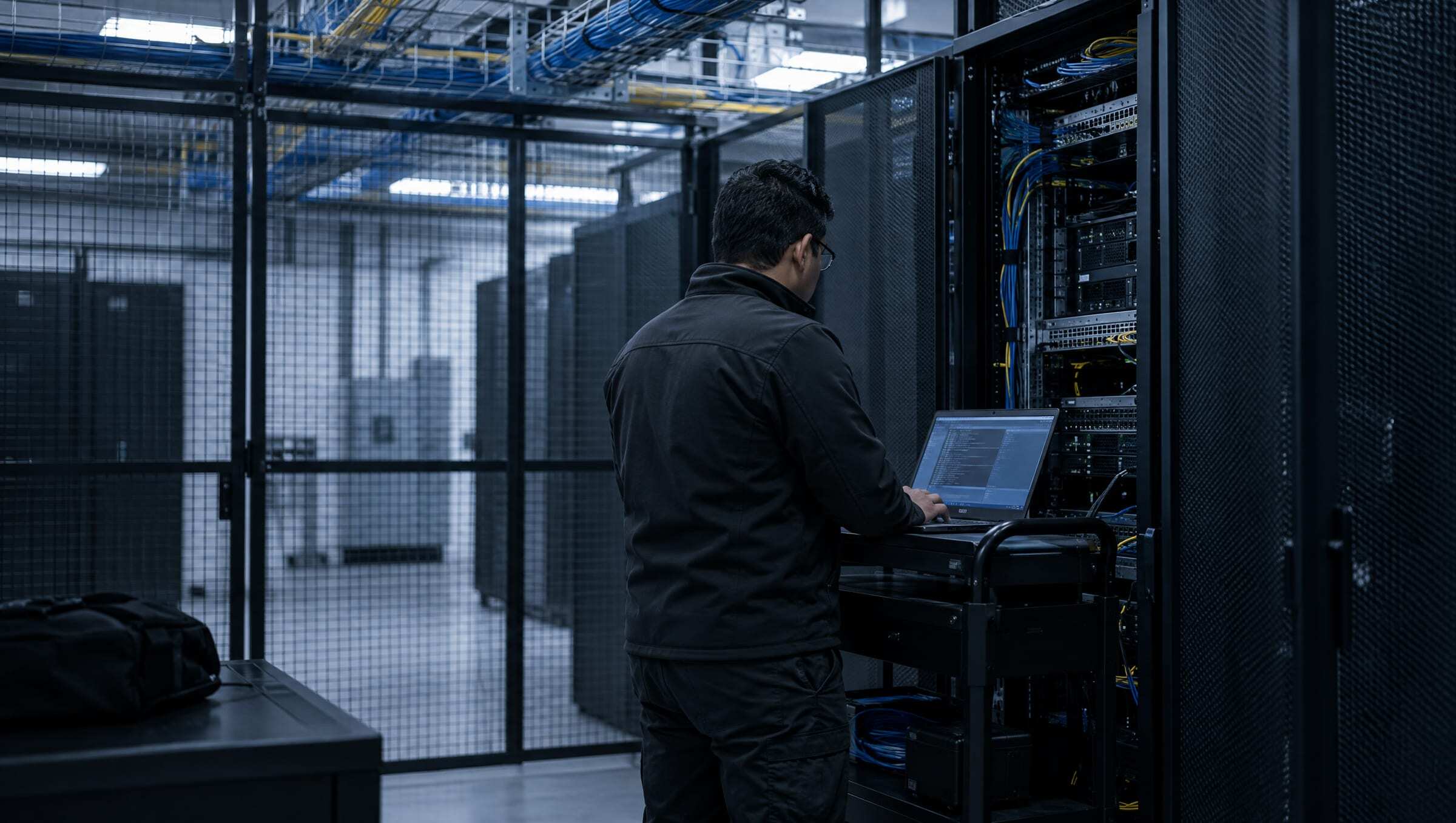 An infrastructure engineer at an open rack inside a colocation cage in Querétaro