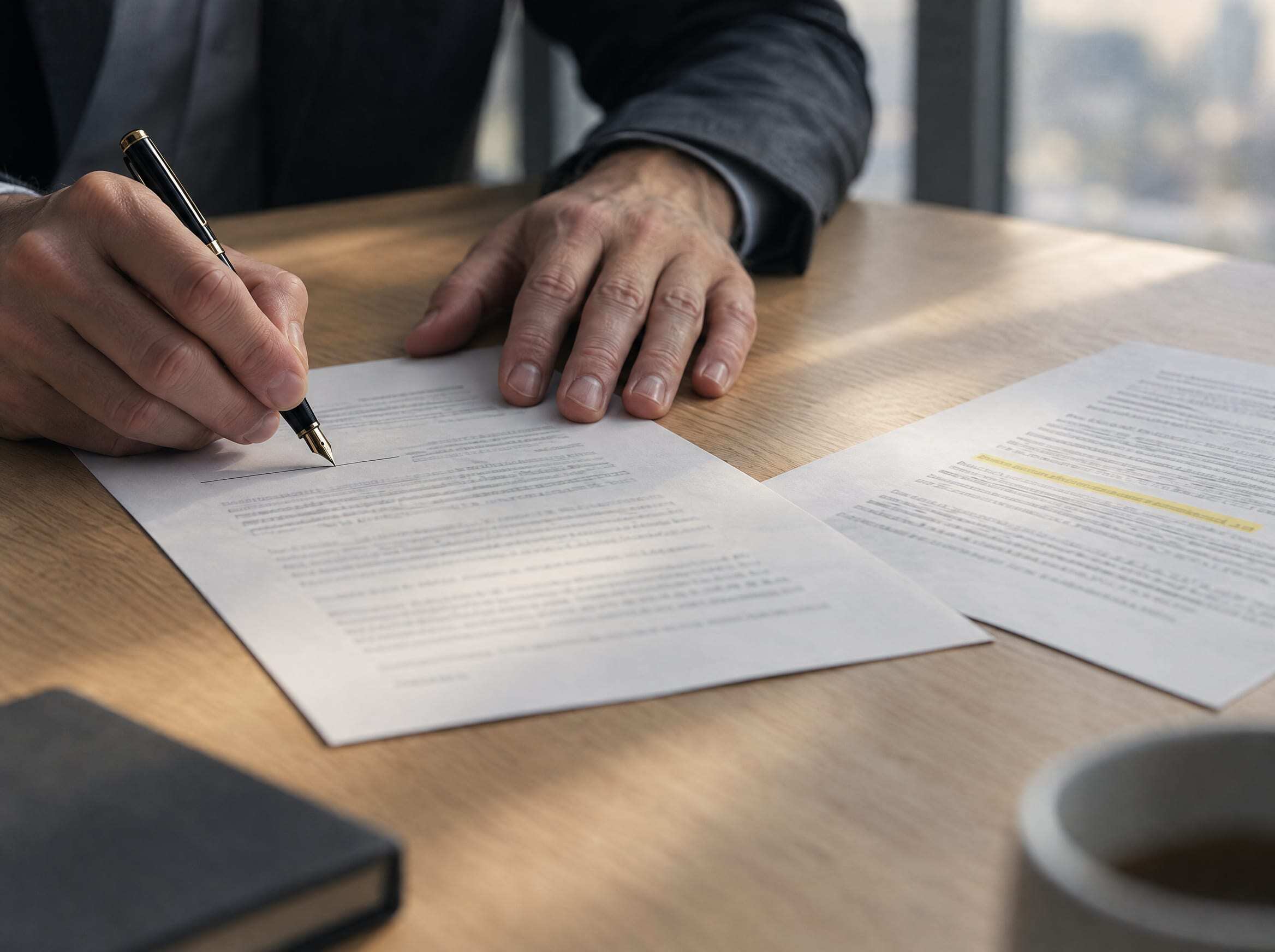 A hand about to sign a printed contract with a fountain pen, a highlighted clause beside it