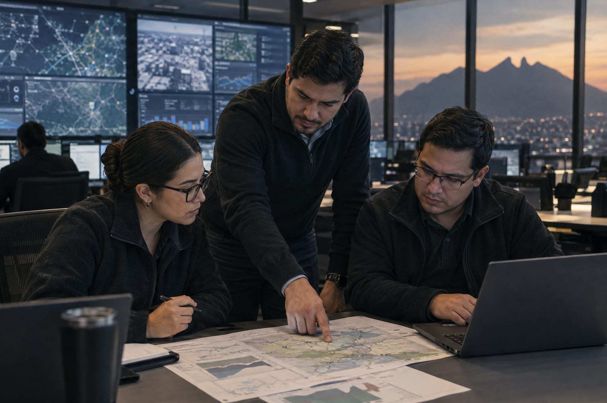 An engineer and two analysts reviewing a printed chart in a logistics control room in Monterrey at dusk
