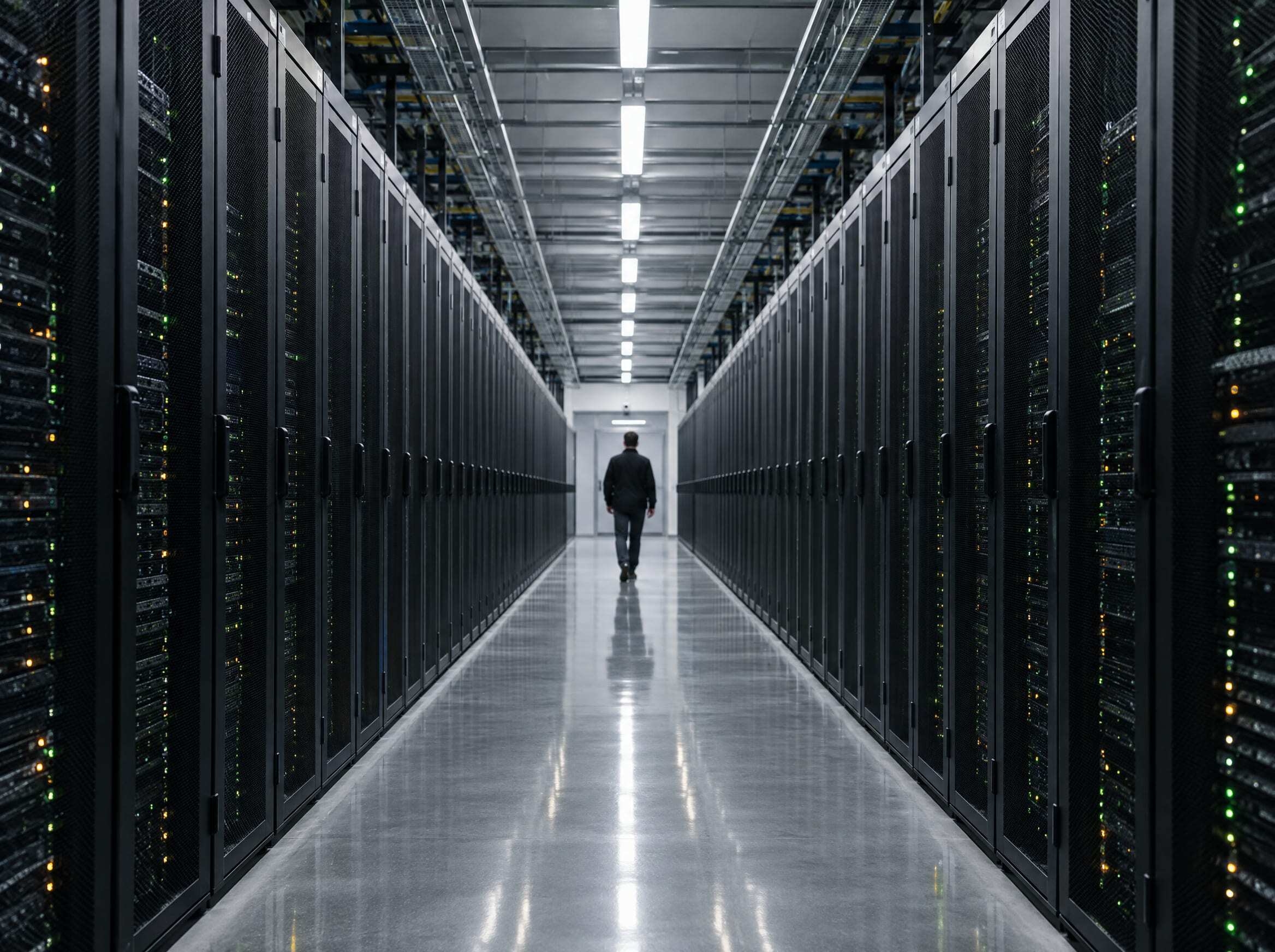 A long aisle between server racks in a data center, one engineer walking away in the distance