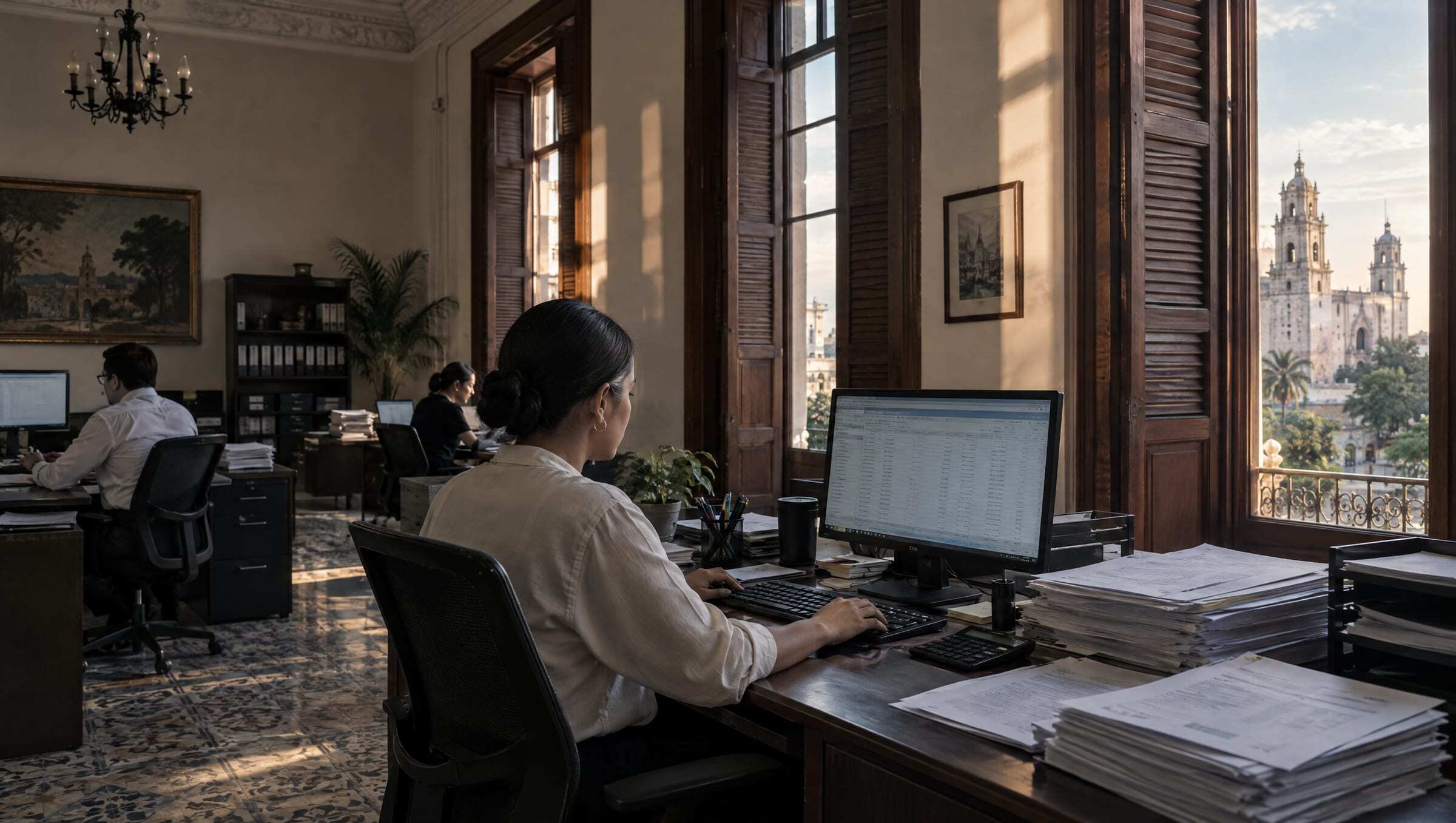 An accounting office in Mérida with high ceilings, shutters and stacks of printed invoices