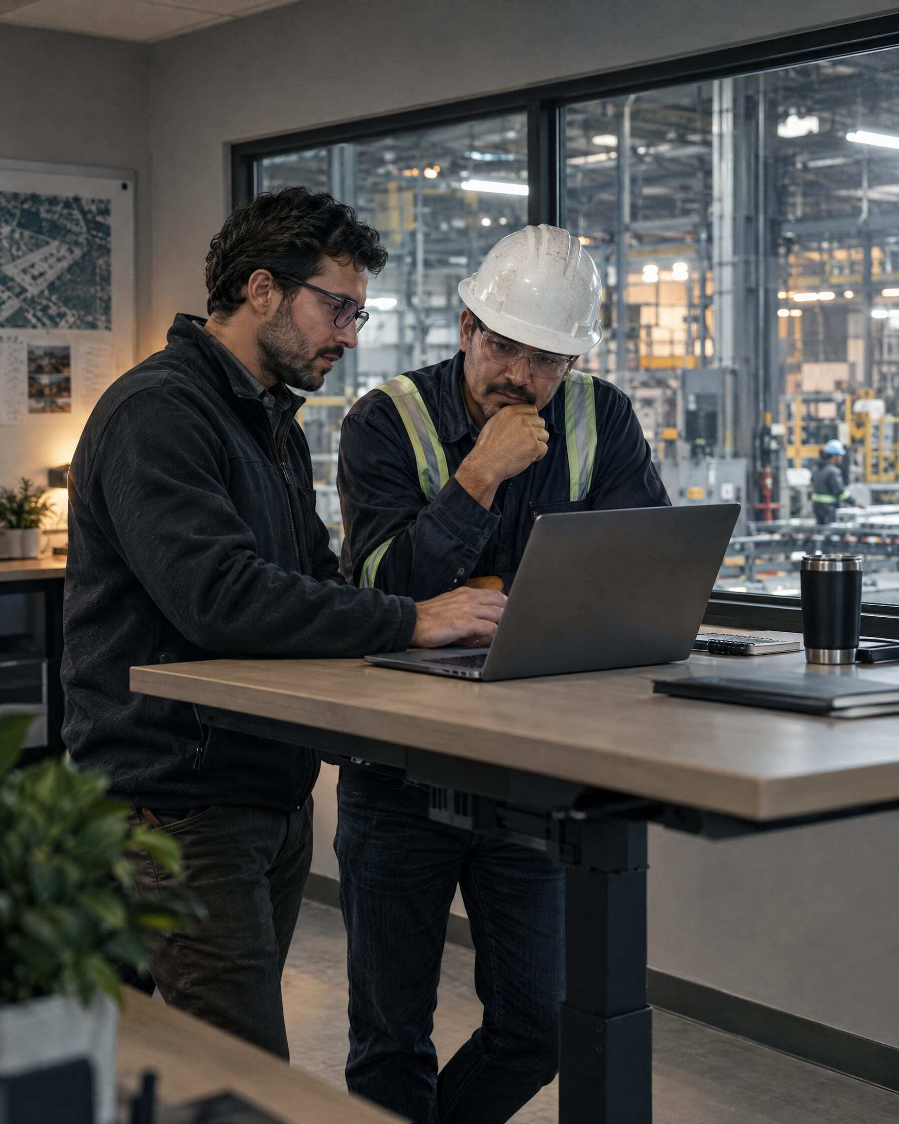 Un ingeniero y un gerente de planta con casco trabajan en una laptop sobre el piso de producción en Saltillo