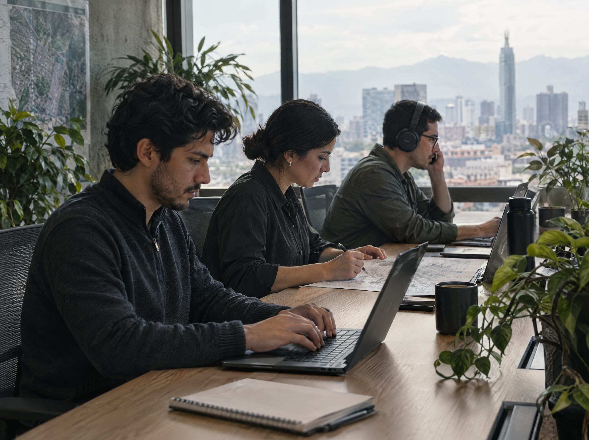 Three people at a shared desk in a Mexico City office: coding, reviewing a process map and on a call