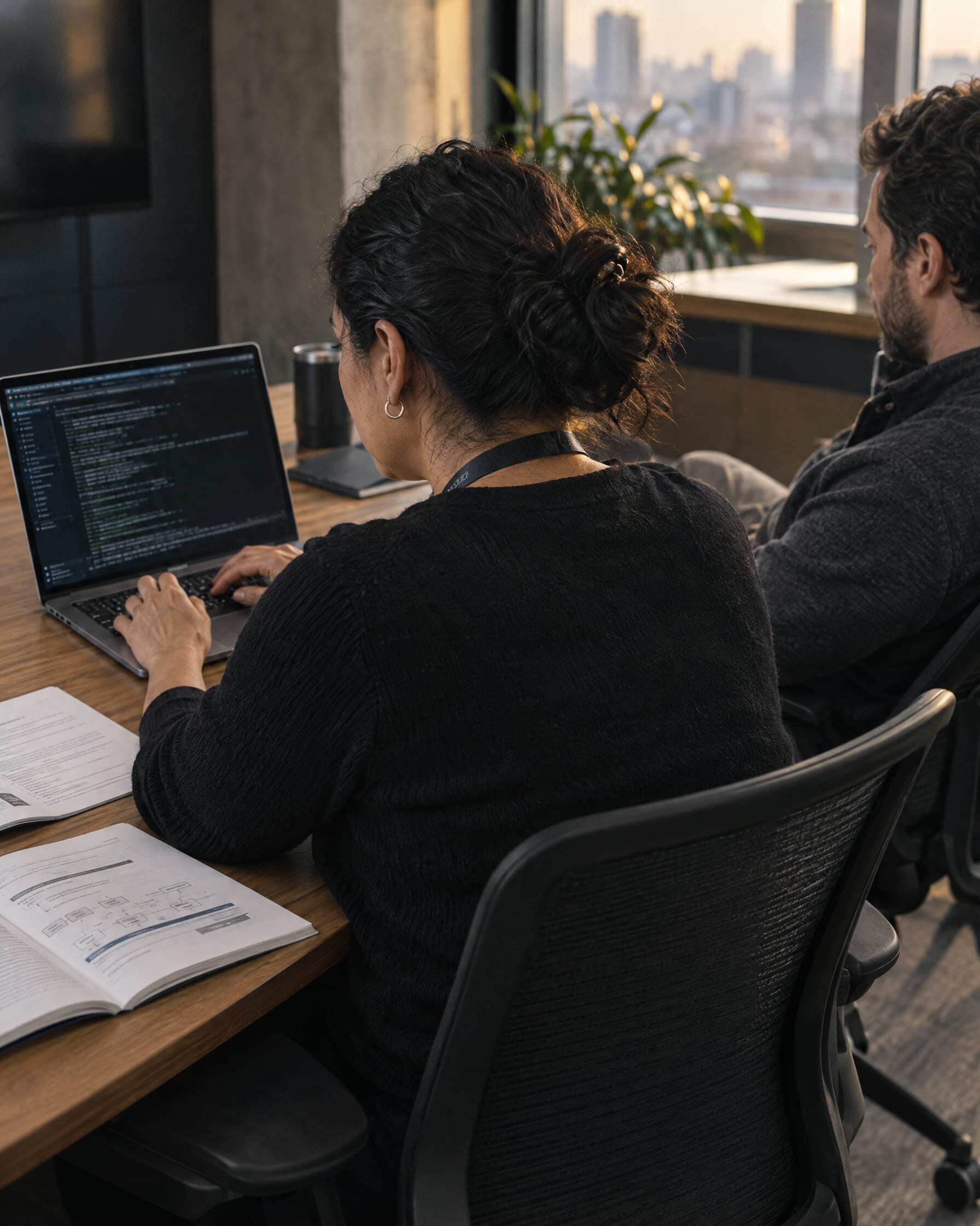 A client engineer at the keyboard while a colleague sits back beside her, a printed runbook open on the table