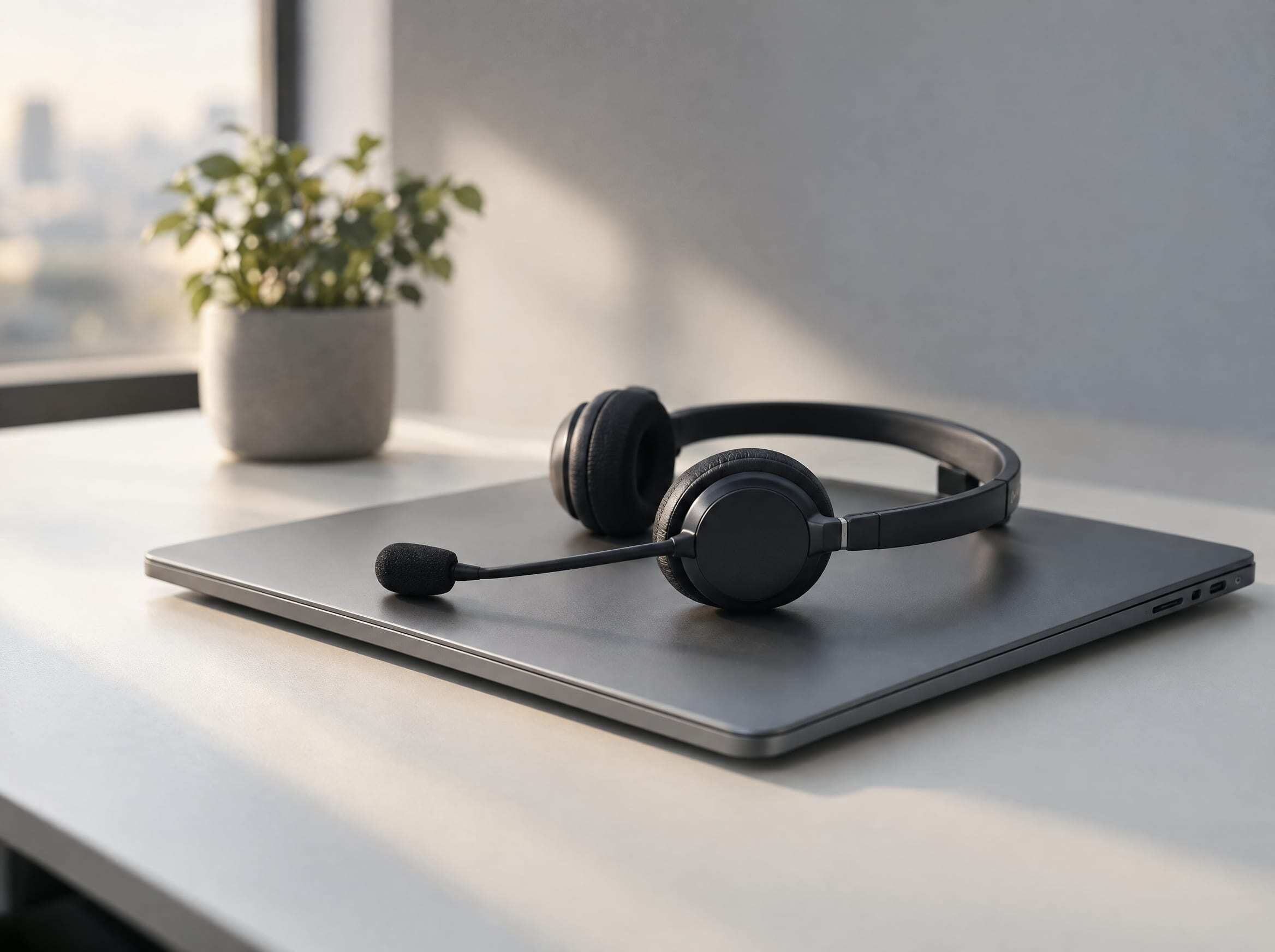 A headset with a boom microphone resting on a closed laptop on a white desk