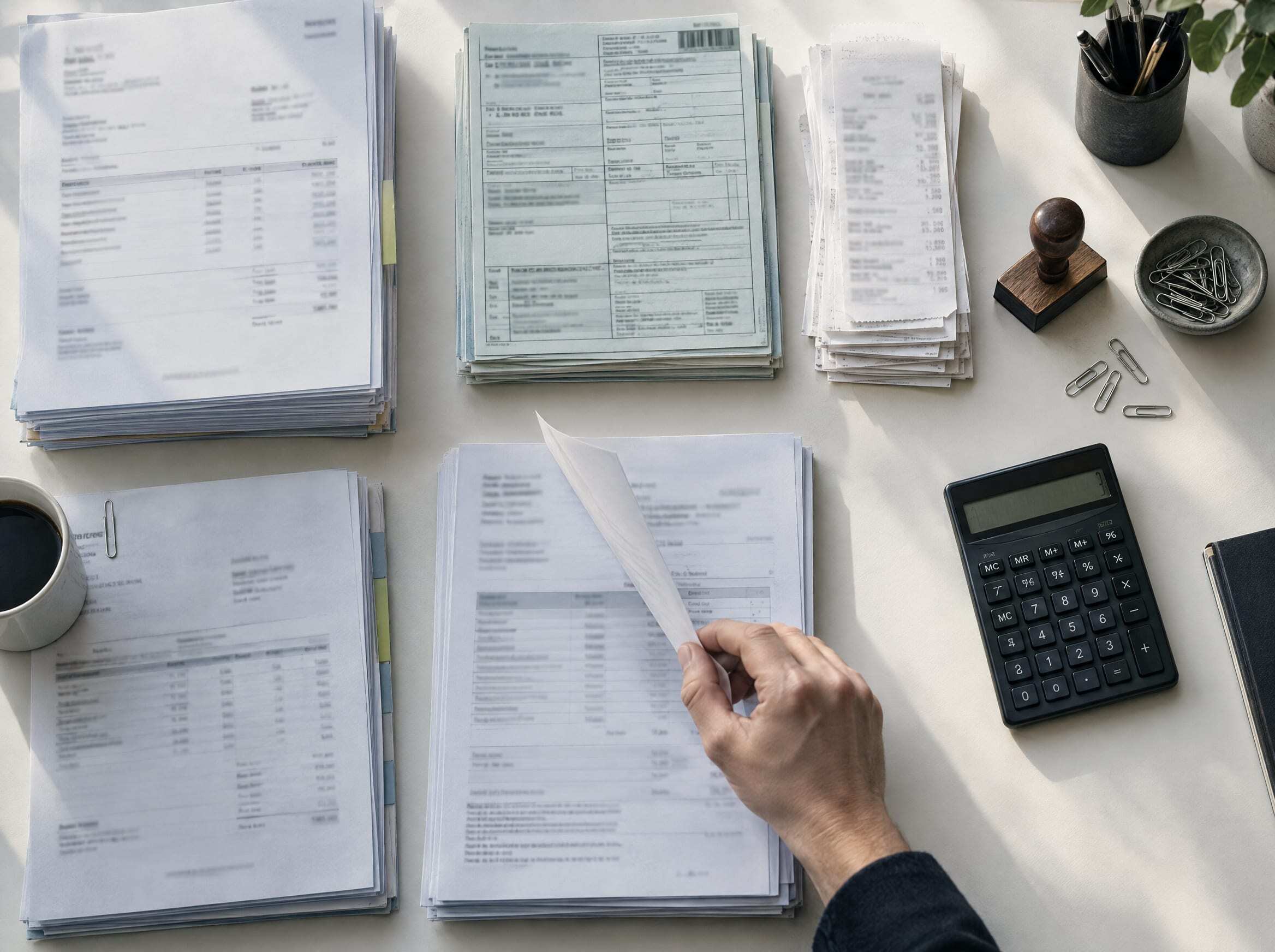Overhead view of stacks of invoices, customs forms and receipts with a stamp and a calculator
