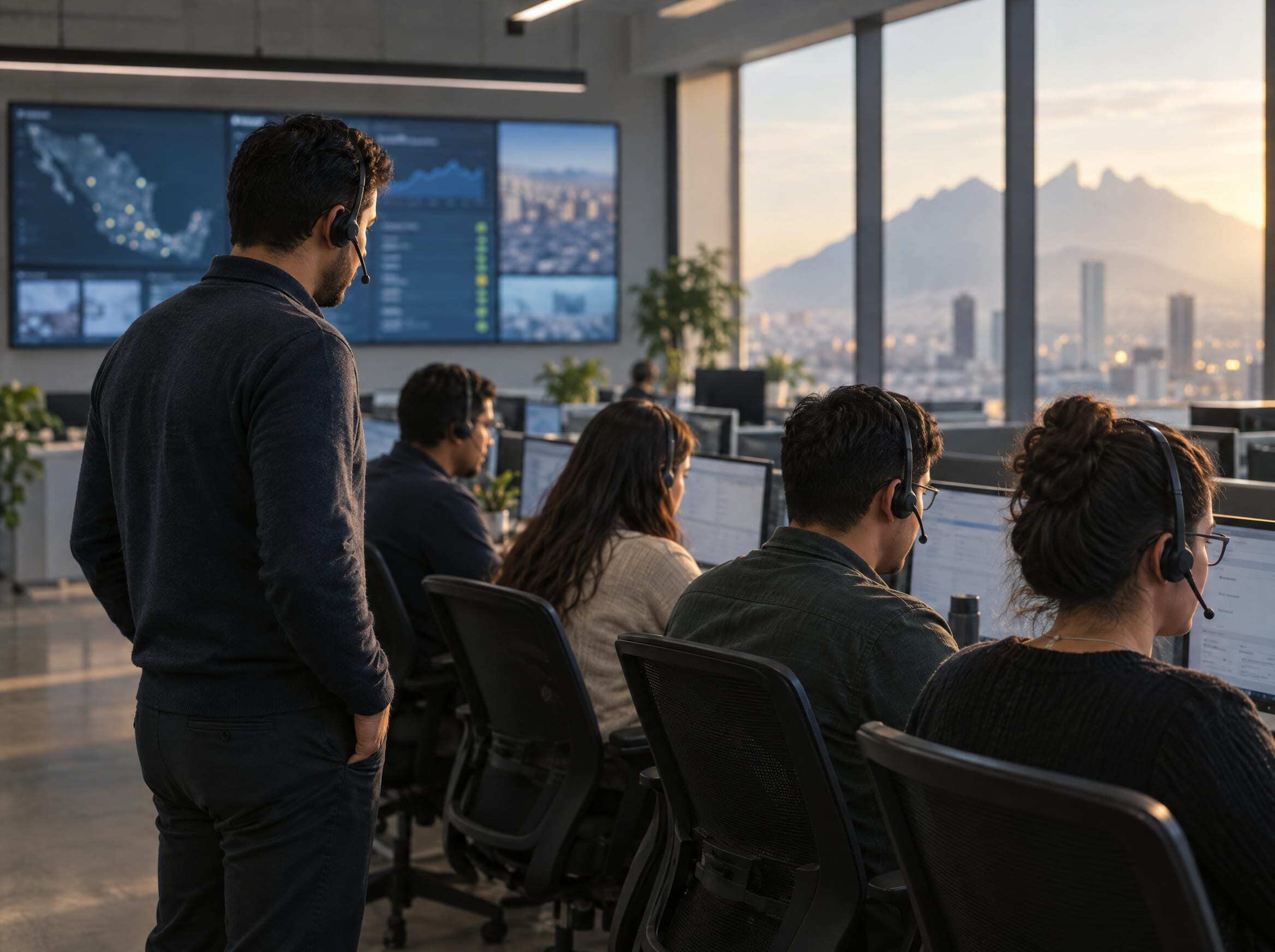 An operations floor in Monterrey: a supervisor in a headset stands behind agents at their desks, the Cerro de la Silla in the window