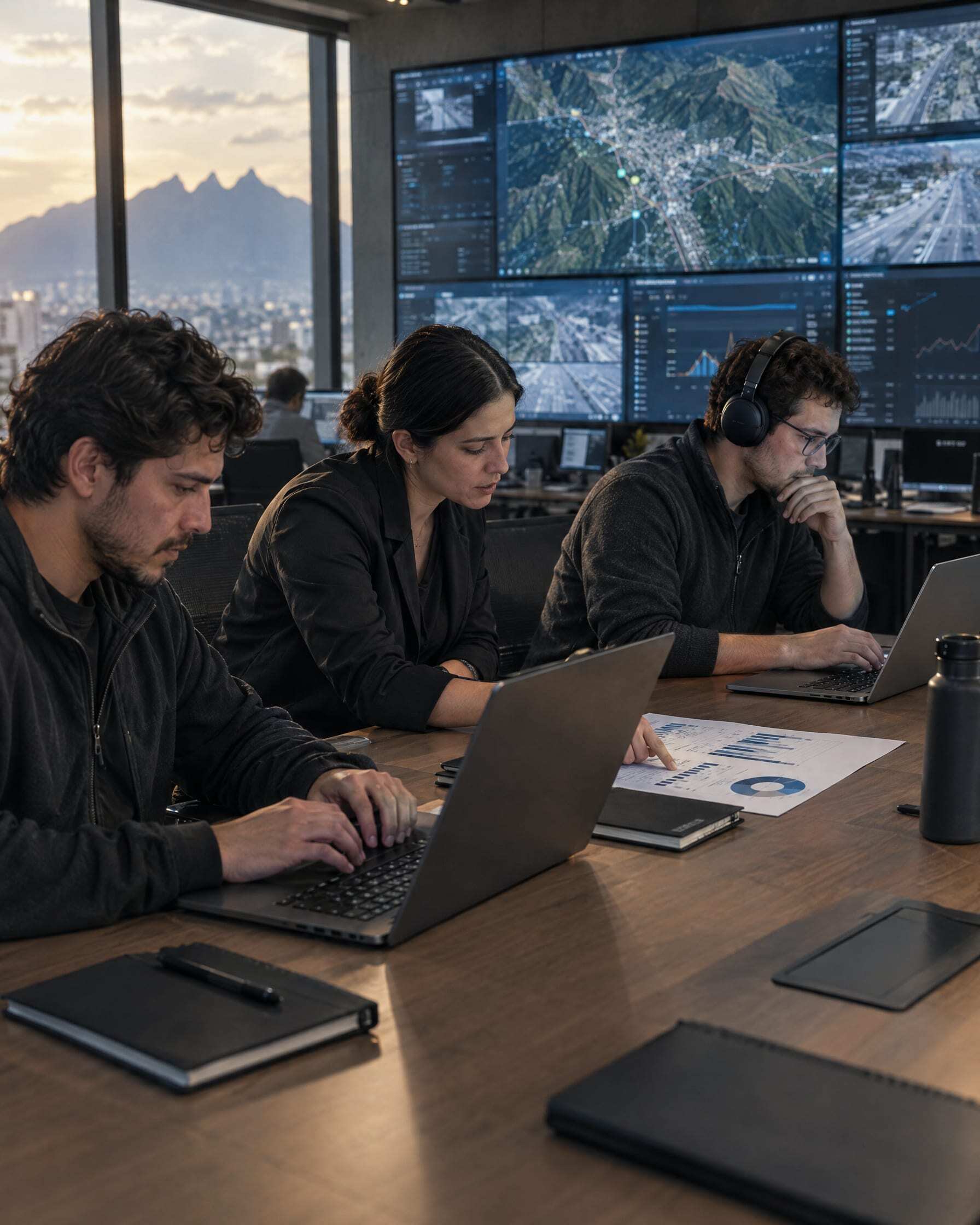 Three people at one table in a client's operations room in Monterrey, coding, reviewing a KPI chart and checking results