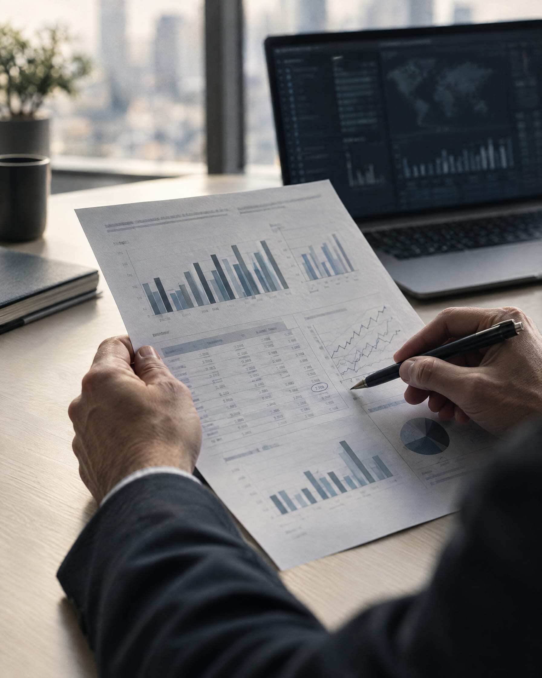 Hands reviewing a printed report with charts, a pen marking one figure