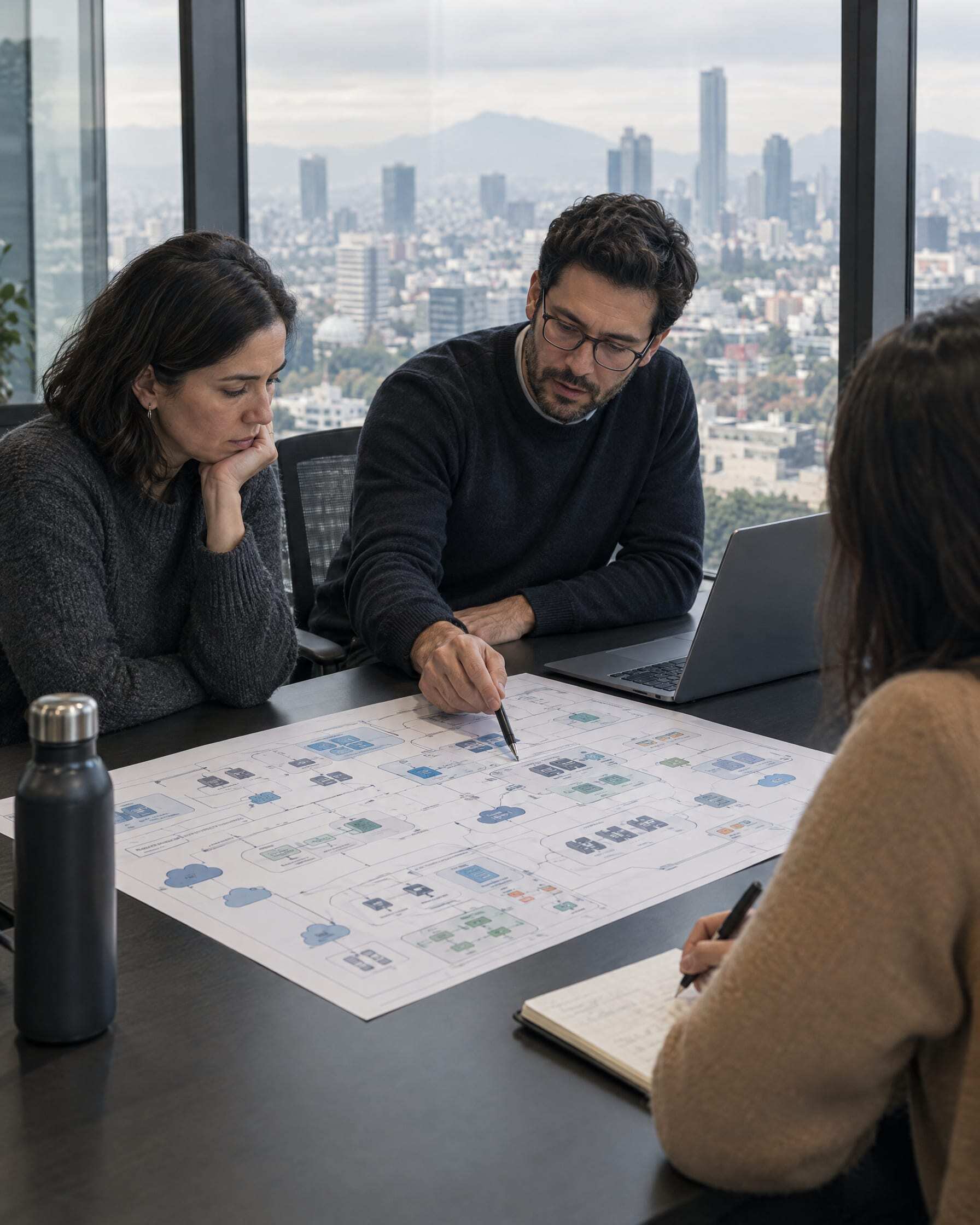 An information-security review over a printed network architecture diagram in a glass meeting room in Mexico City