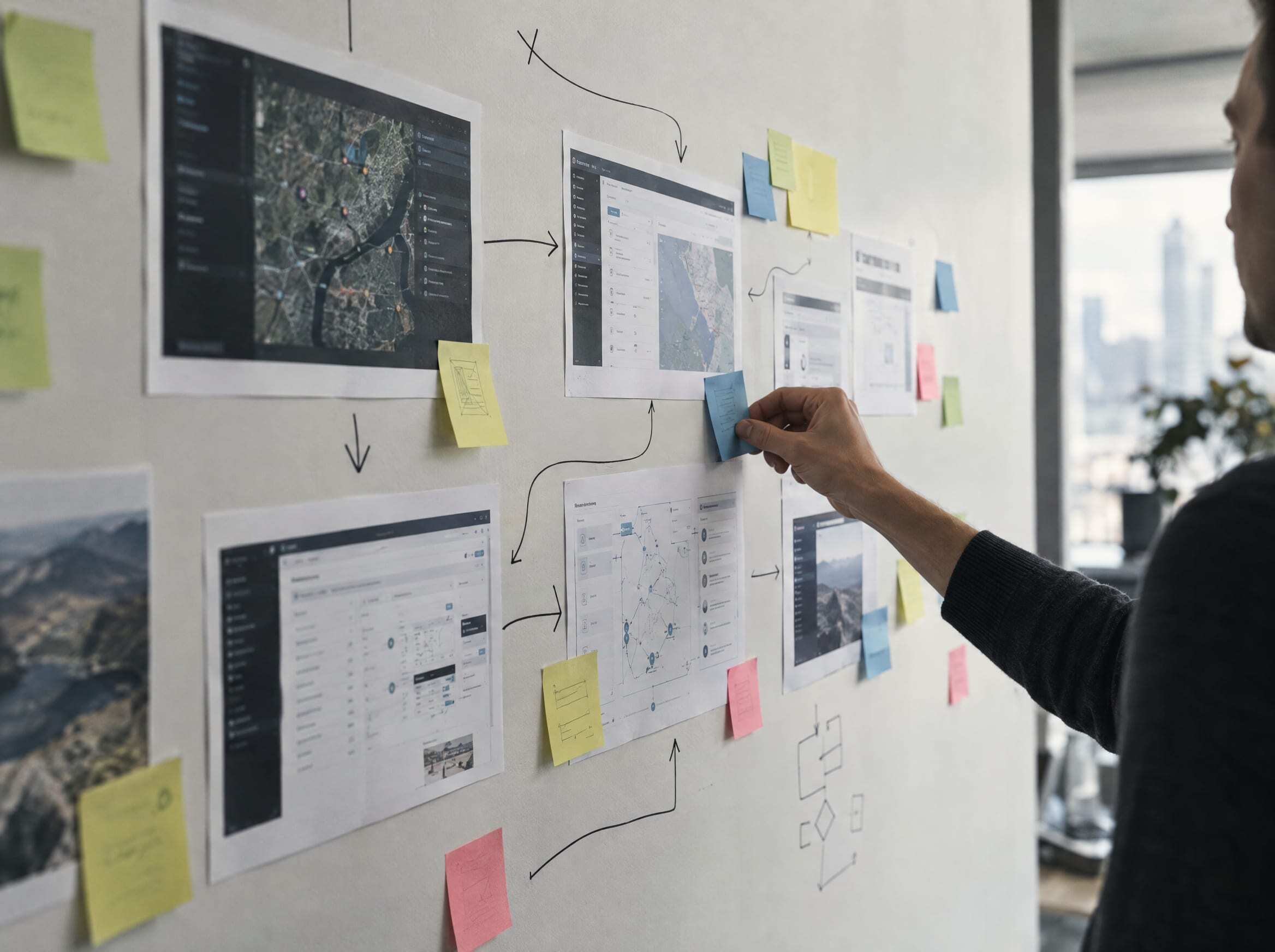A hand pinning a sticky note on a wall process map of printed screens and arrows