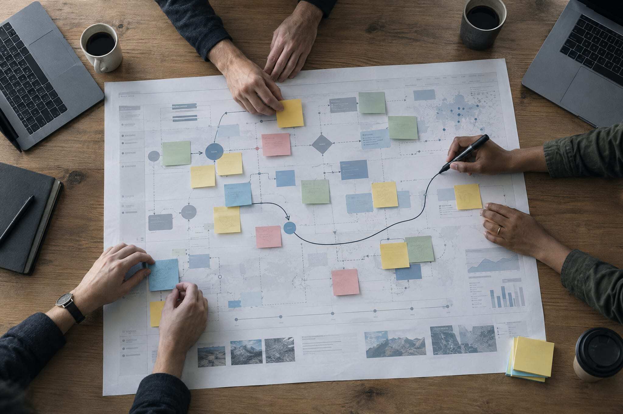 Overhead view of hands placing sticky notes on a printed process map during a workshop