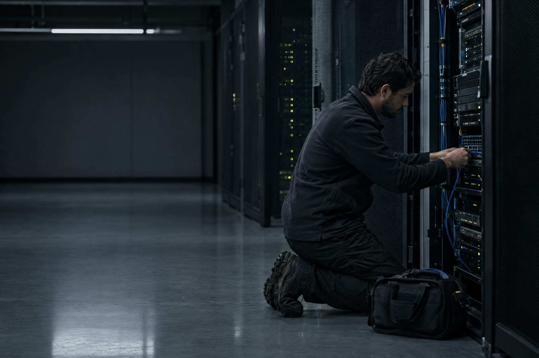 Un ingeniero de sistemas hincado frente a un rack abierto conectando un cable