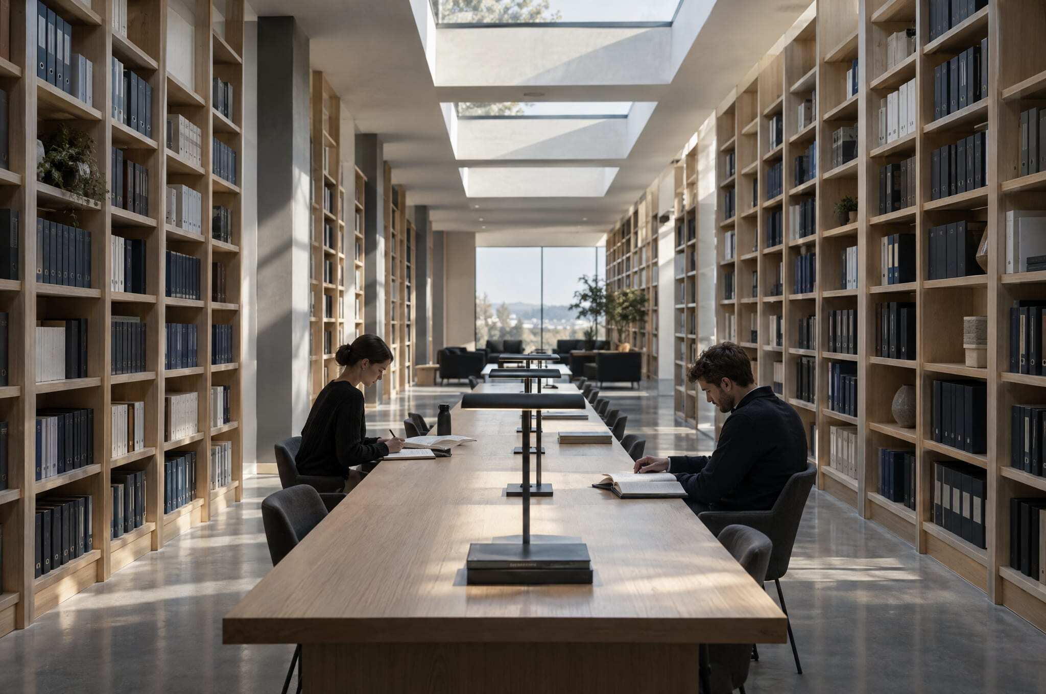 Una biblioteca de conocimiento con estantes altos de carpetas y una mesa larga de lectura bajo tragaluces