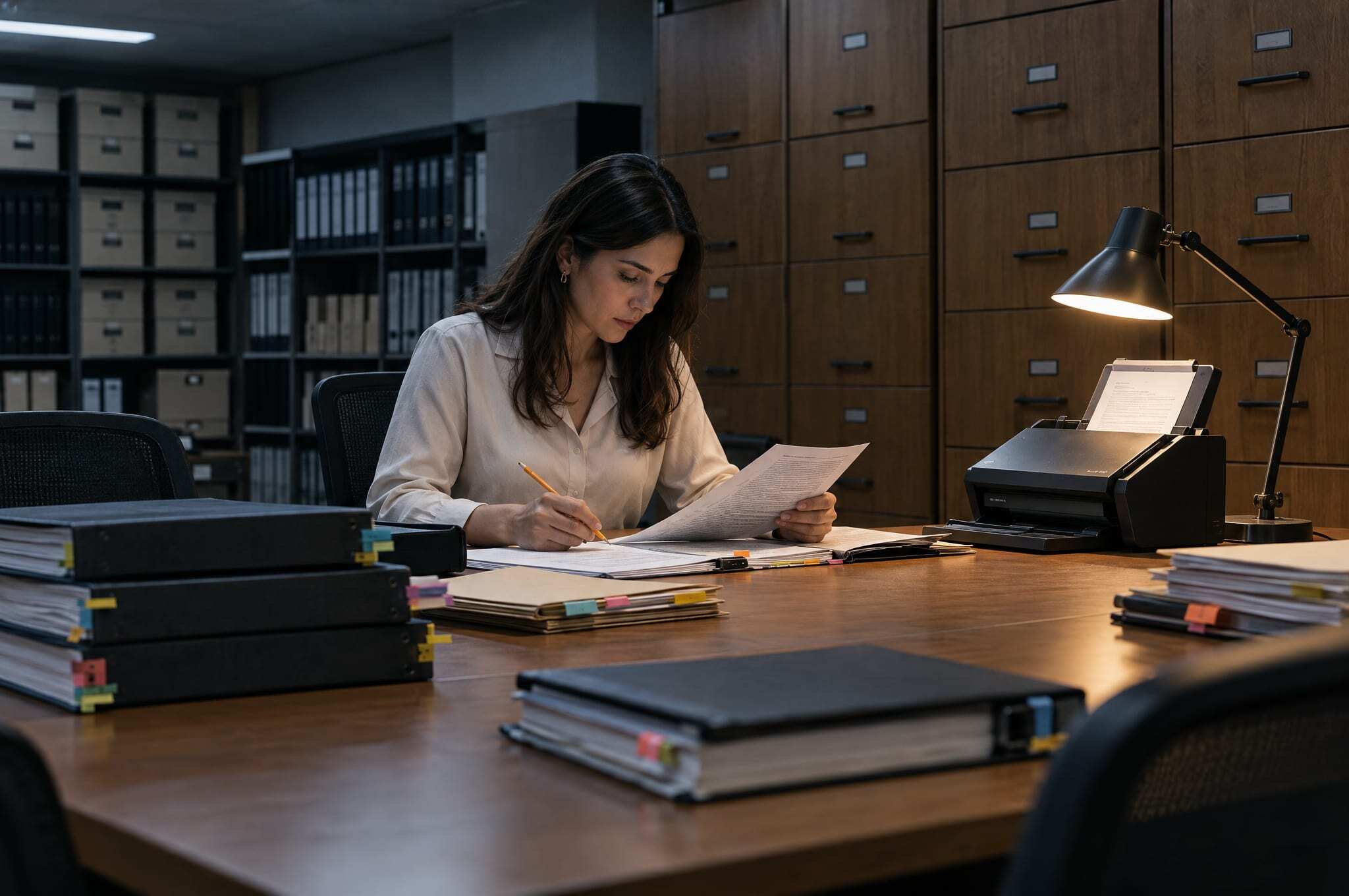 Una abogada marca una cláusula en un contrato impreso en el archivo de un área legal en Querétaro