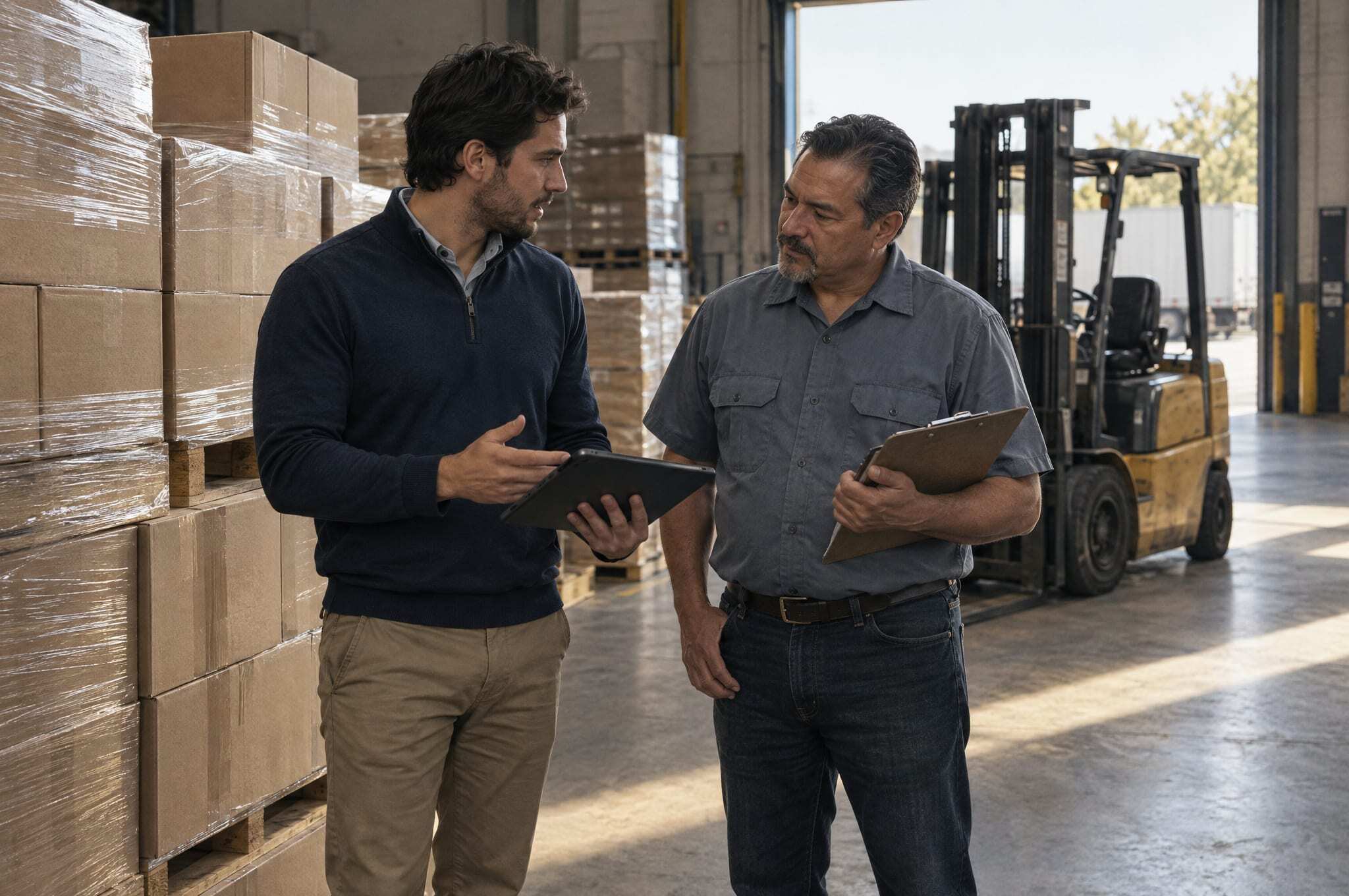 Un representante de ventas con una tableta conversa con el dueño de una distribuidora junto a tarimas en un almacén de Guadalajara