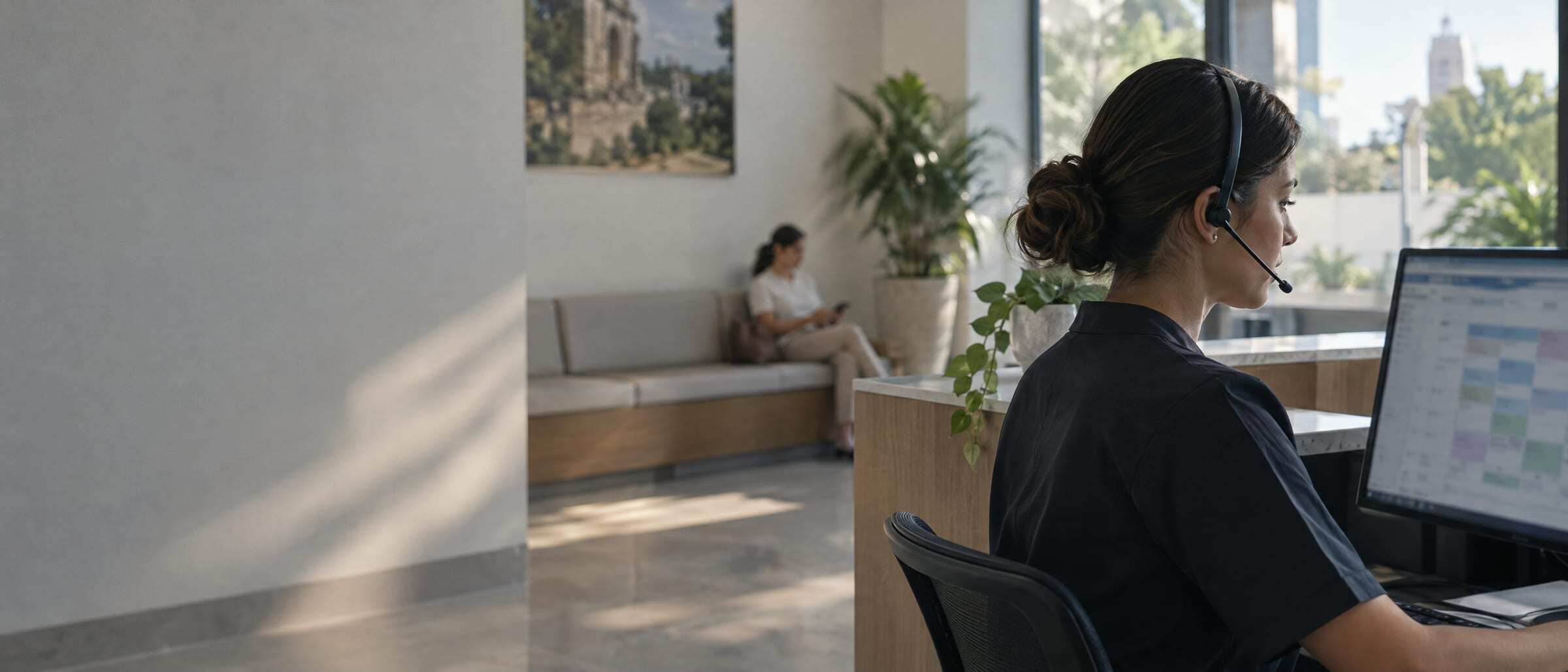 A clinic receptionist with a headset at the scheduling screen, a patient waiting behind