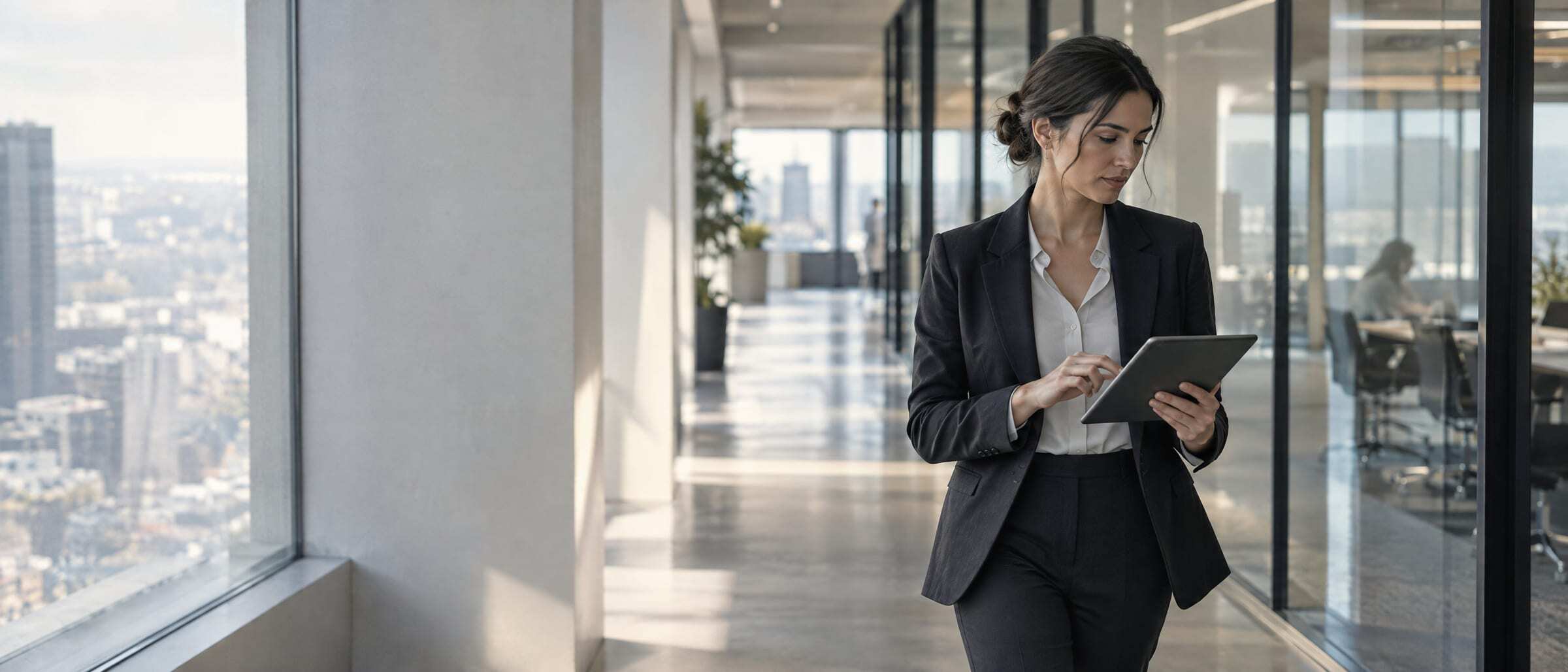 A finance manager approving a request on a tablet in an office corridor
