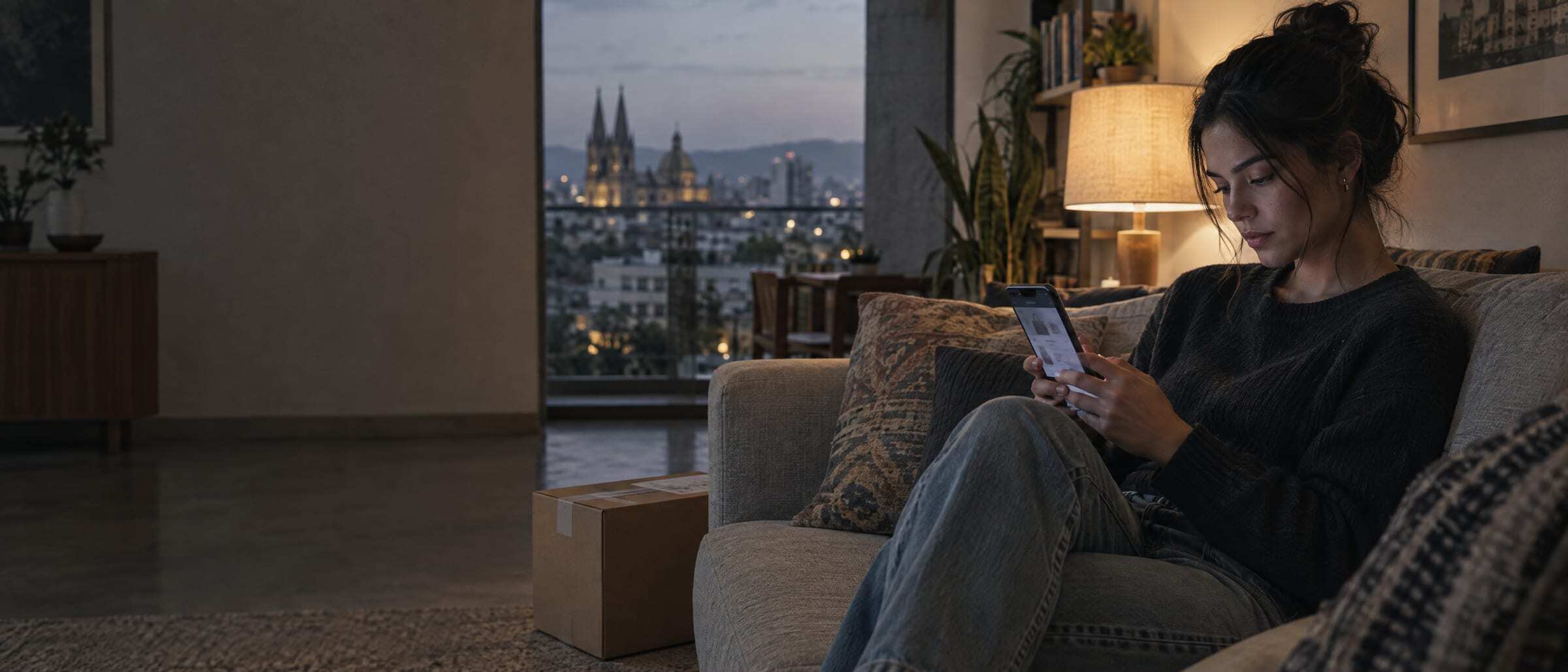 A shopper browsing a cart on her phone on a sofa in the evening