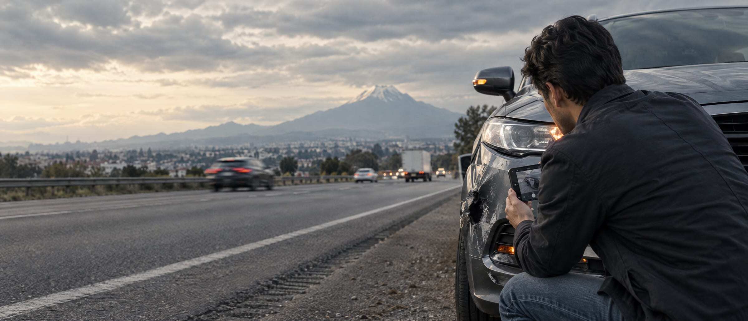Un conductor fotografía su auto abollado en el acotamiento de una carretera
