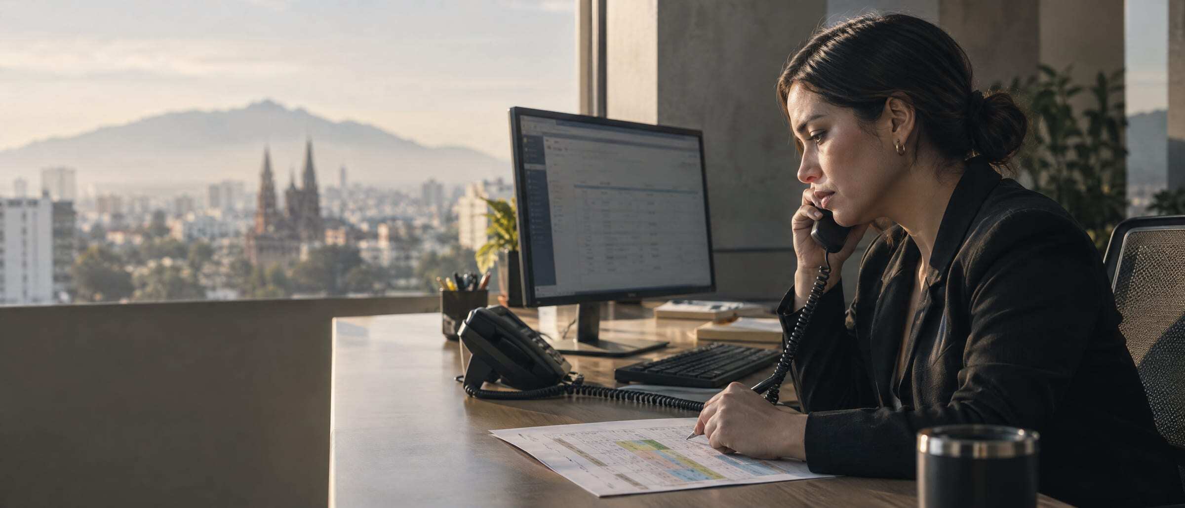 A collections specialist on a call reviewing an account at her desk in Guadalajara