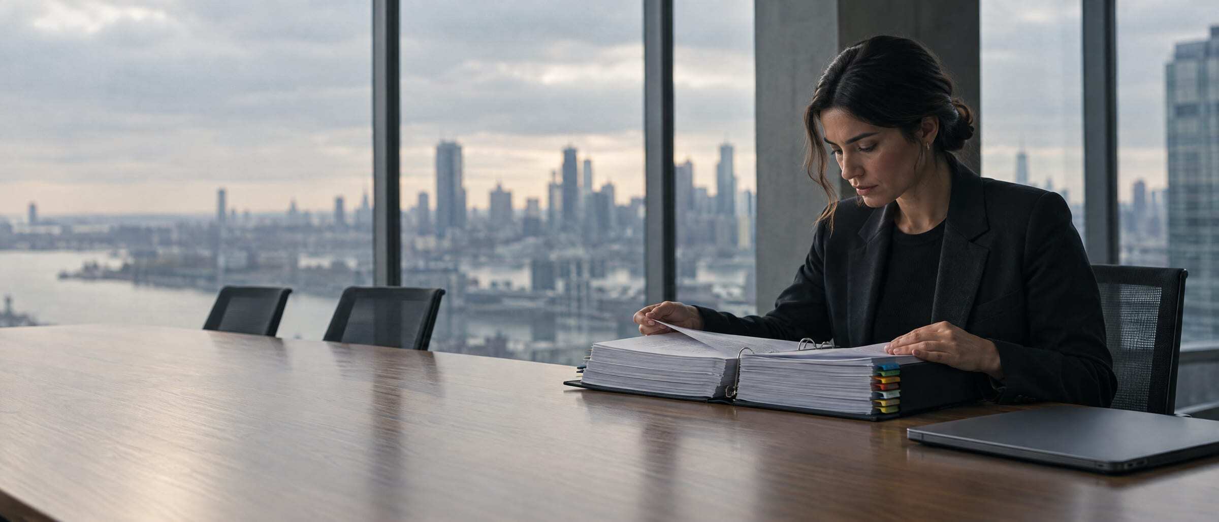 A compliance officer reviewing a binder of policies at a long table