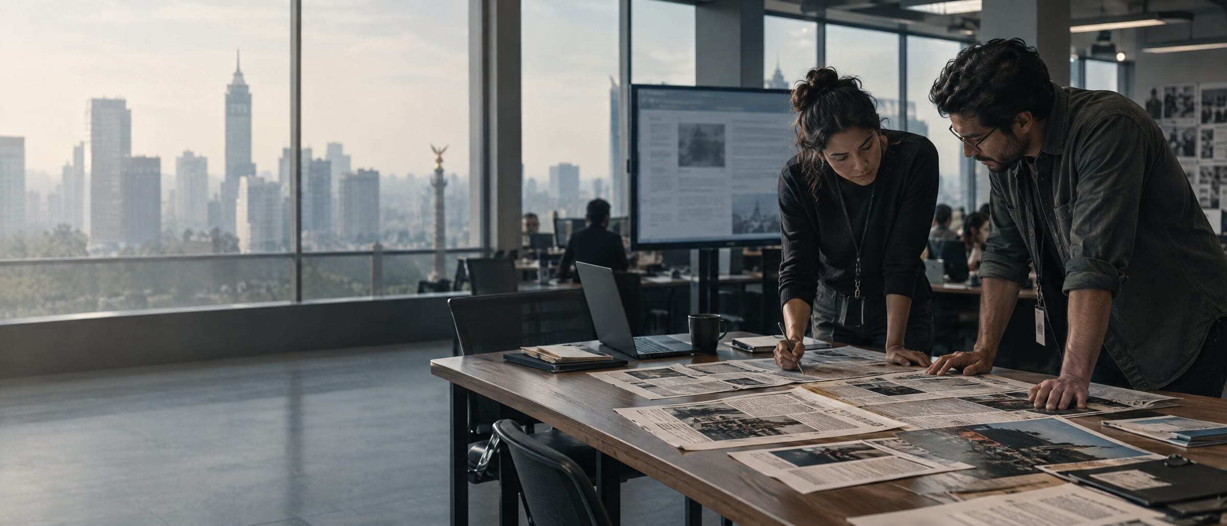 A communications team reviewing printed clippings on a large table