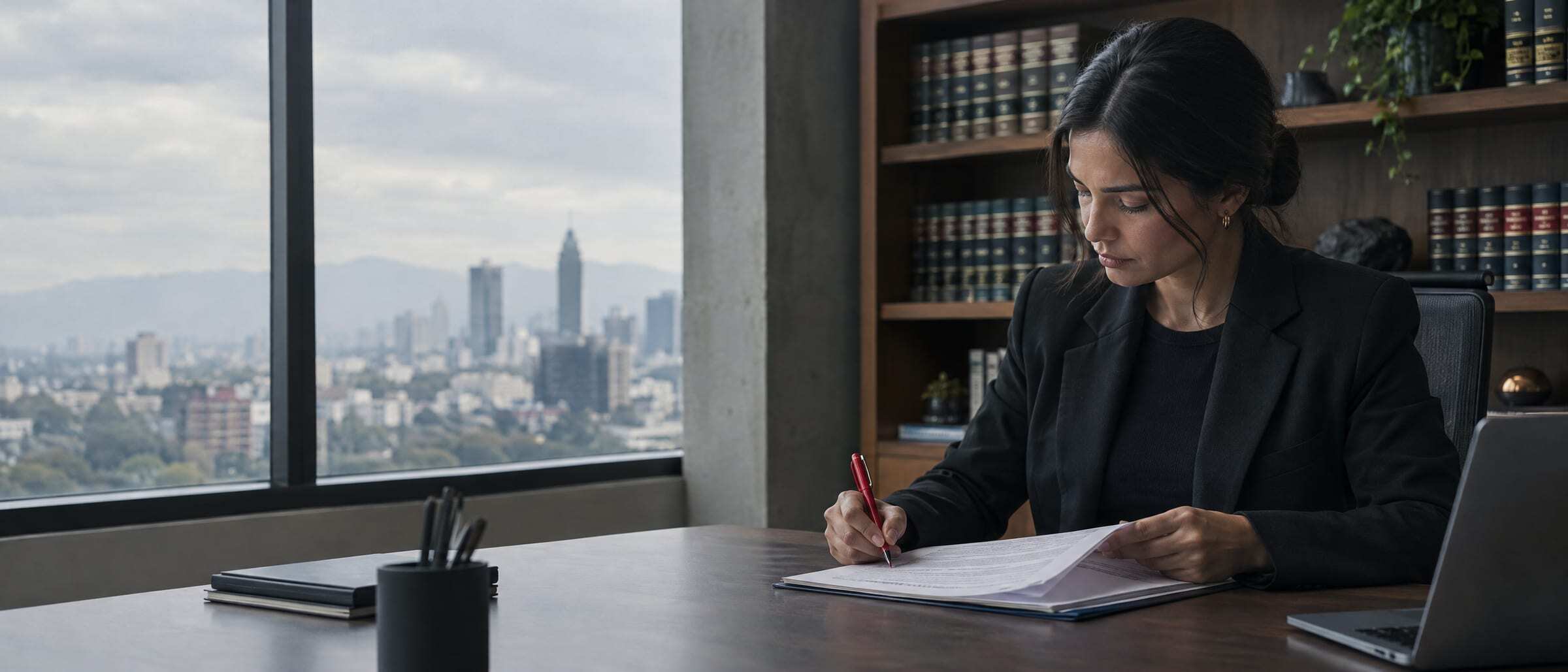 An in-house lawyer marking a printed contract with a red pen