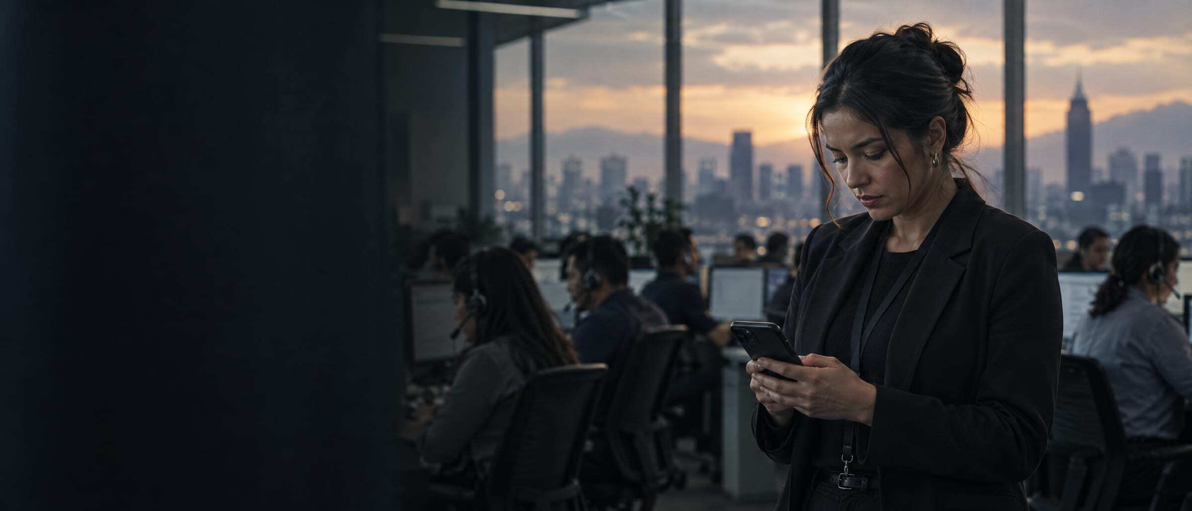 A support lead reading her phone on a fintech operations floor in Mexico City at dusk