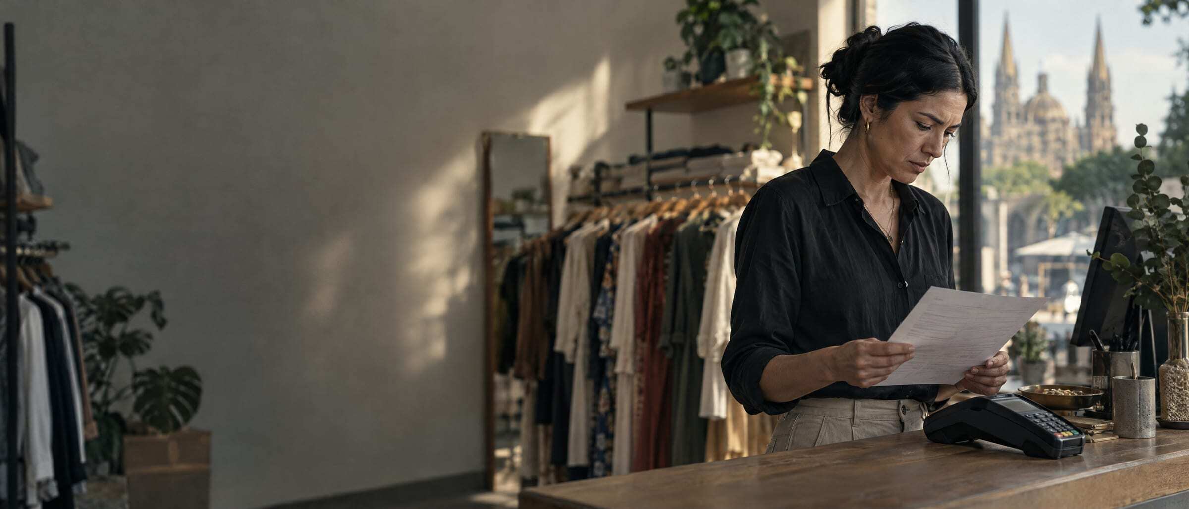 A boutique owner reading a chargeback letter beside the card terminal