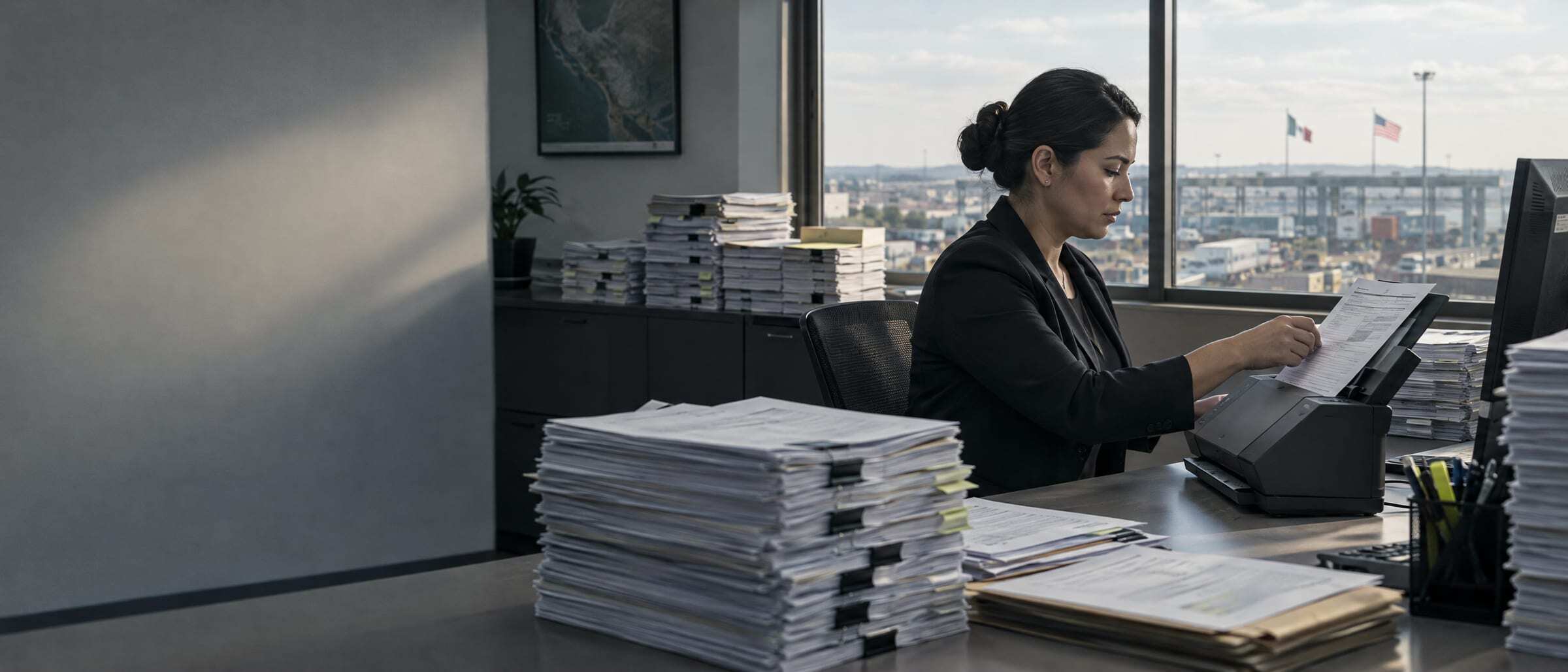 A customs broker scanning stacks of paperwork in an office near the border