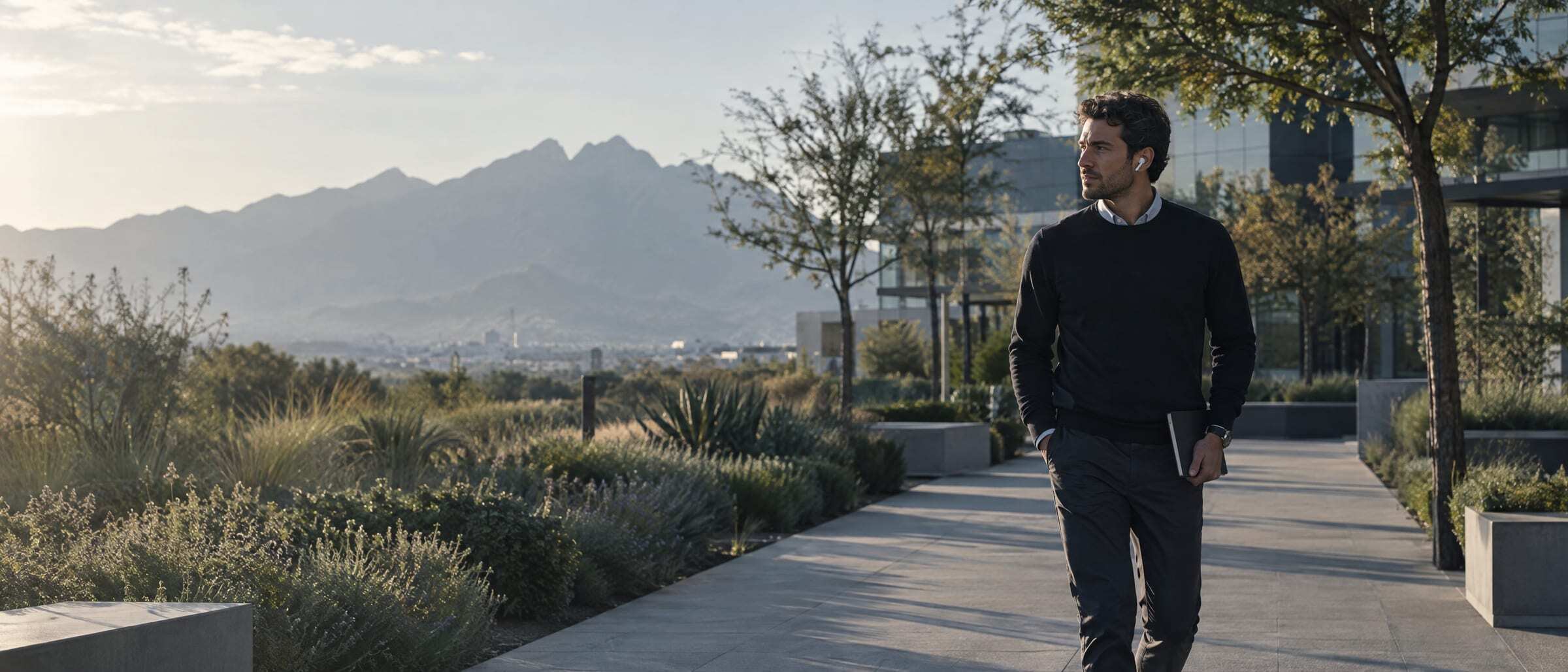 A manager walking through a planted courtyard with earbuds, mountains in the distance